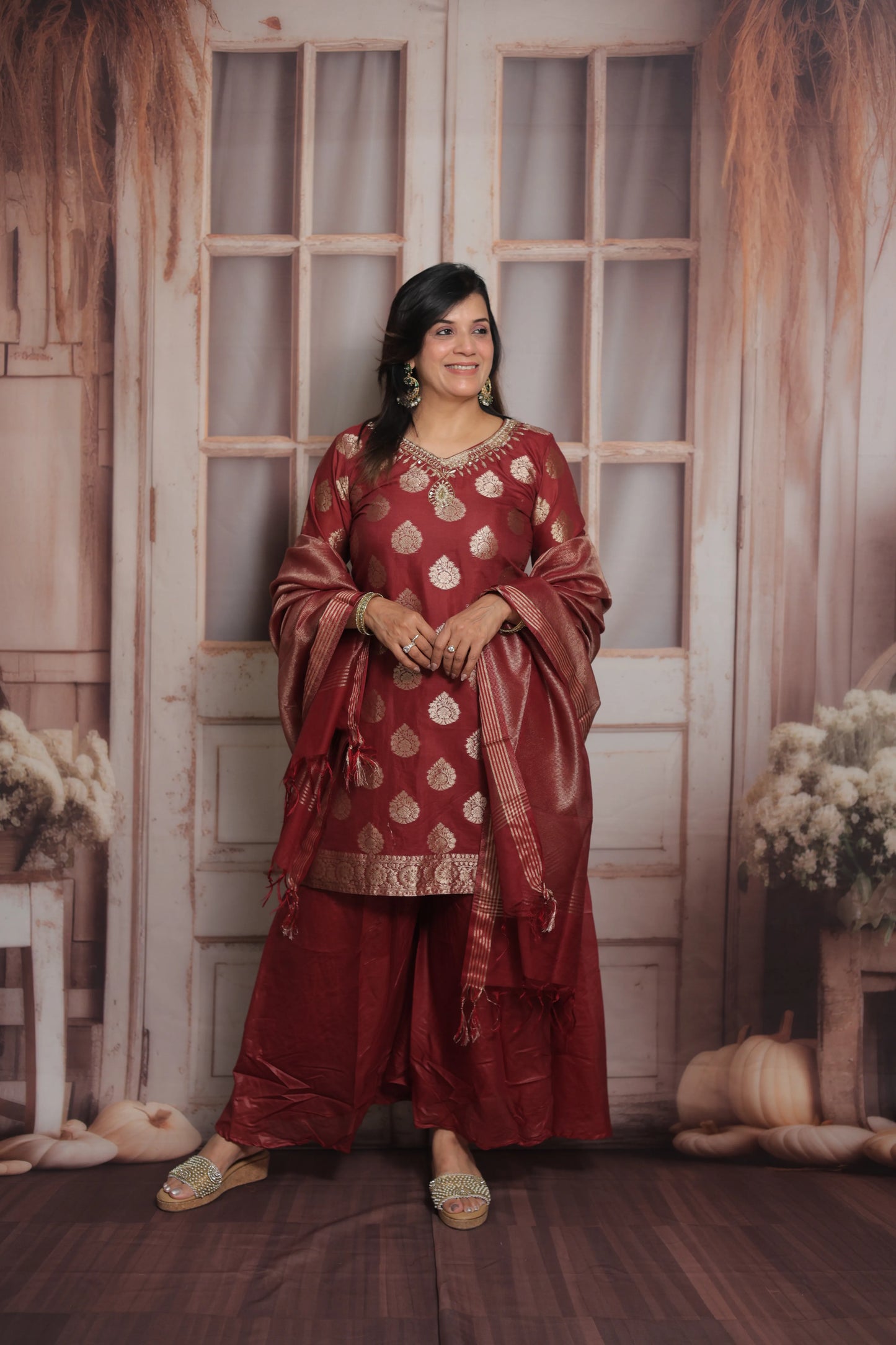 Burnt Maroon Banarasi Short Kurta Dupatta Set (Plazo Set) | Sequin & Pearl Embroidery