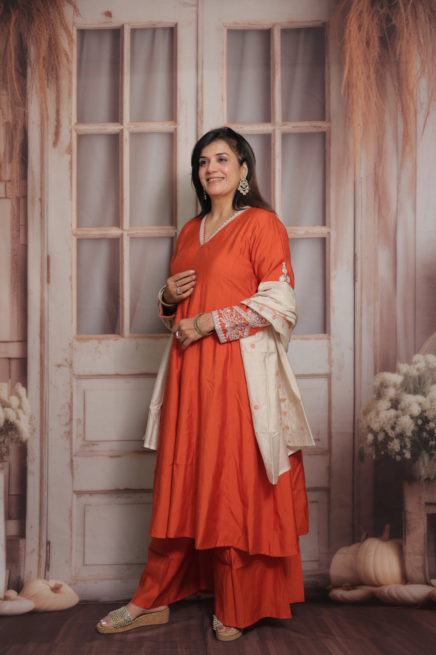 Rust Orange & White Cream Anarkali Dupatta Set (Plazo Set) | Premium Silk Fabric