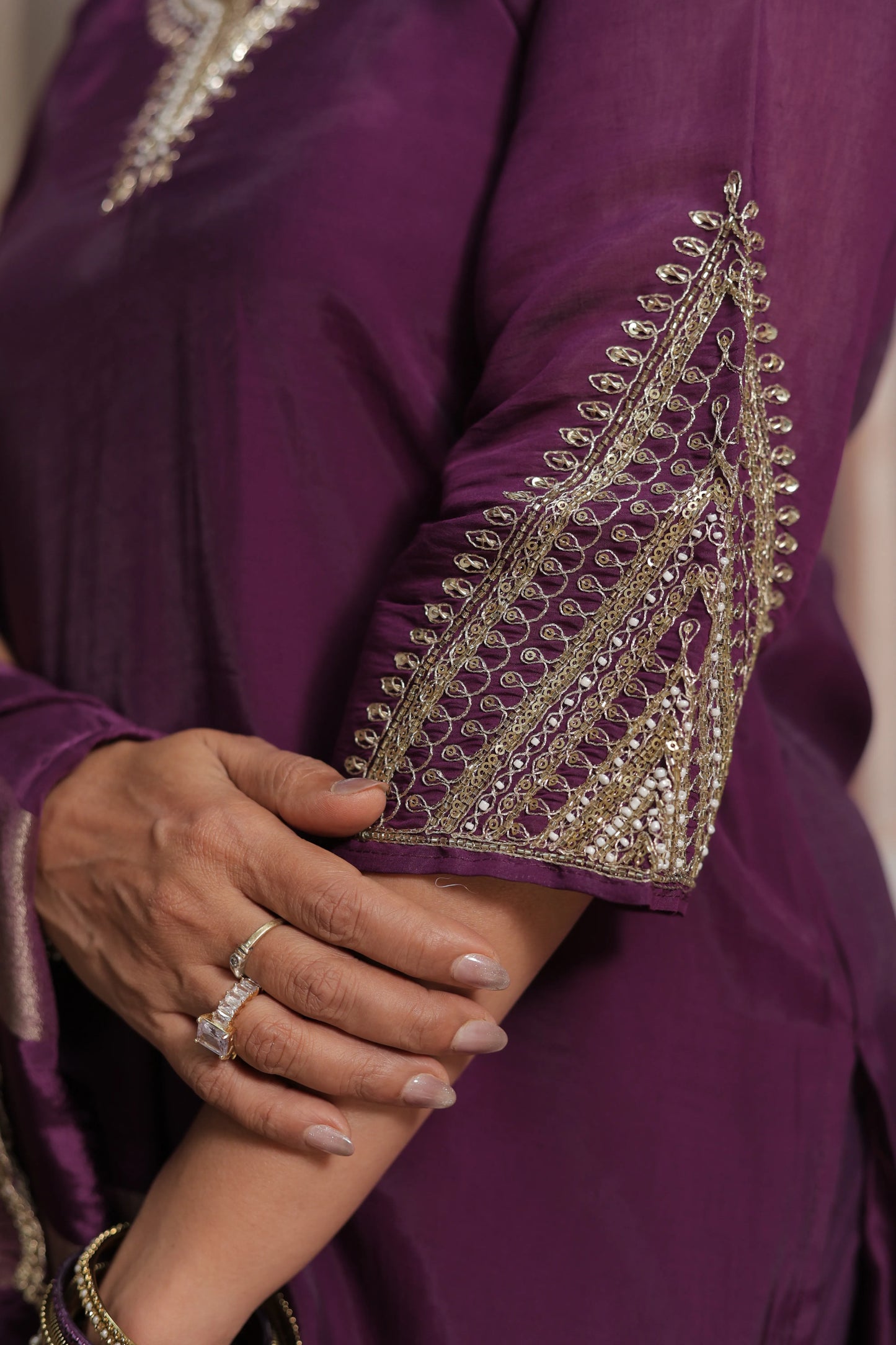 Dark Purple Short Kurta Dupatta Set | Sequins & Pearl Embroidery