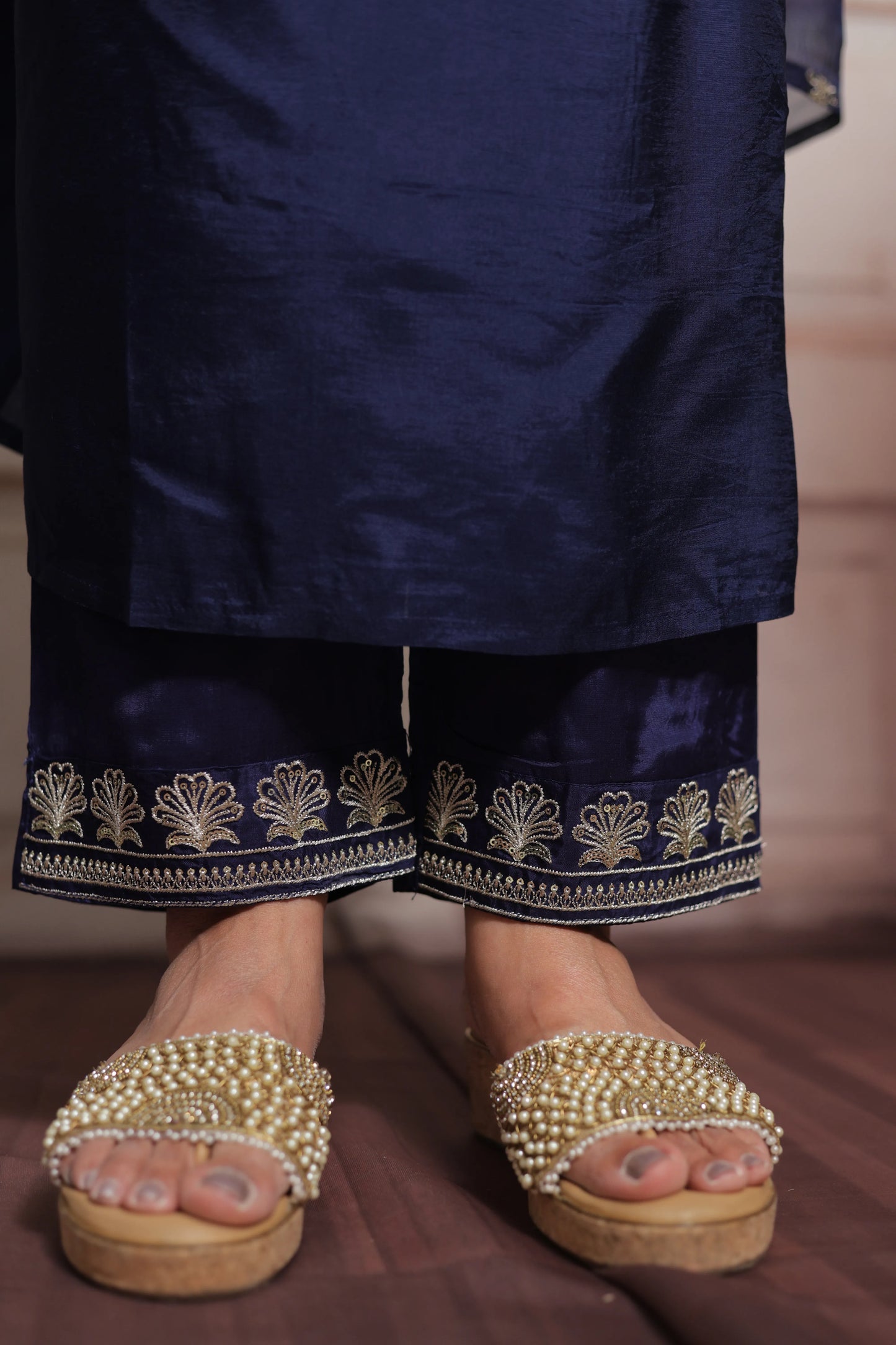 Dark Navy A-Line Kurta Dupatta Set | Pure Silk | Sequins & Pearl Embroidery Work
