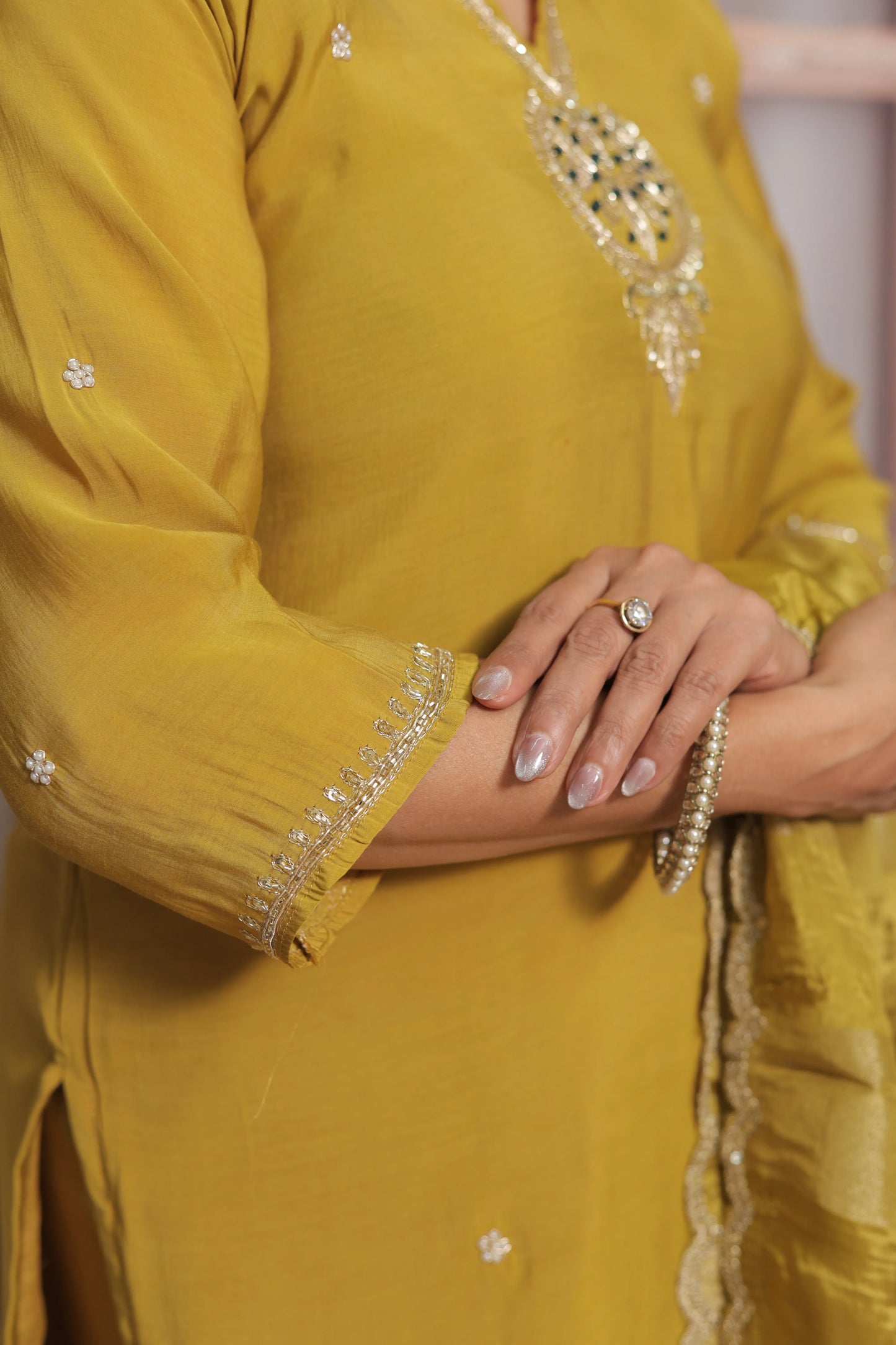 Golden Palm Short Kurta Dupatta Set | Zardozi, Sequins & Pearl Embroidery