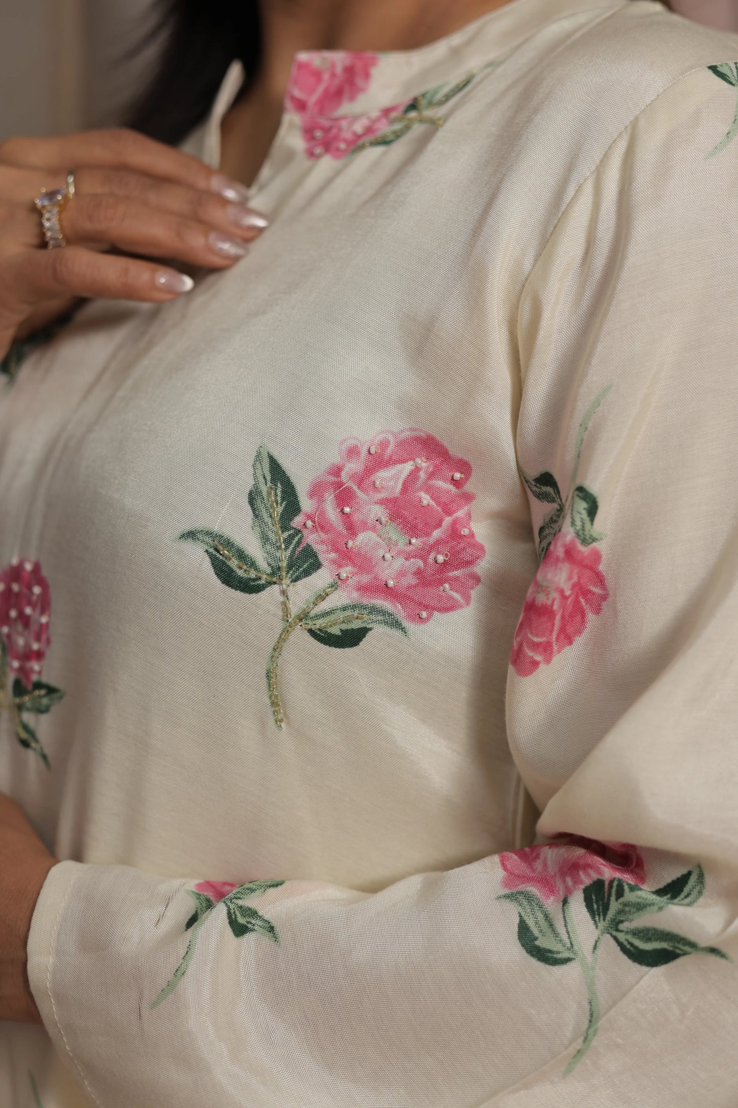 Off White Printed Co'ord Set | Soft Silk | Pearl Work & Floral Print