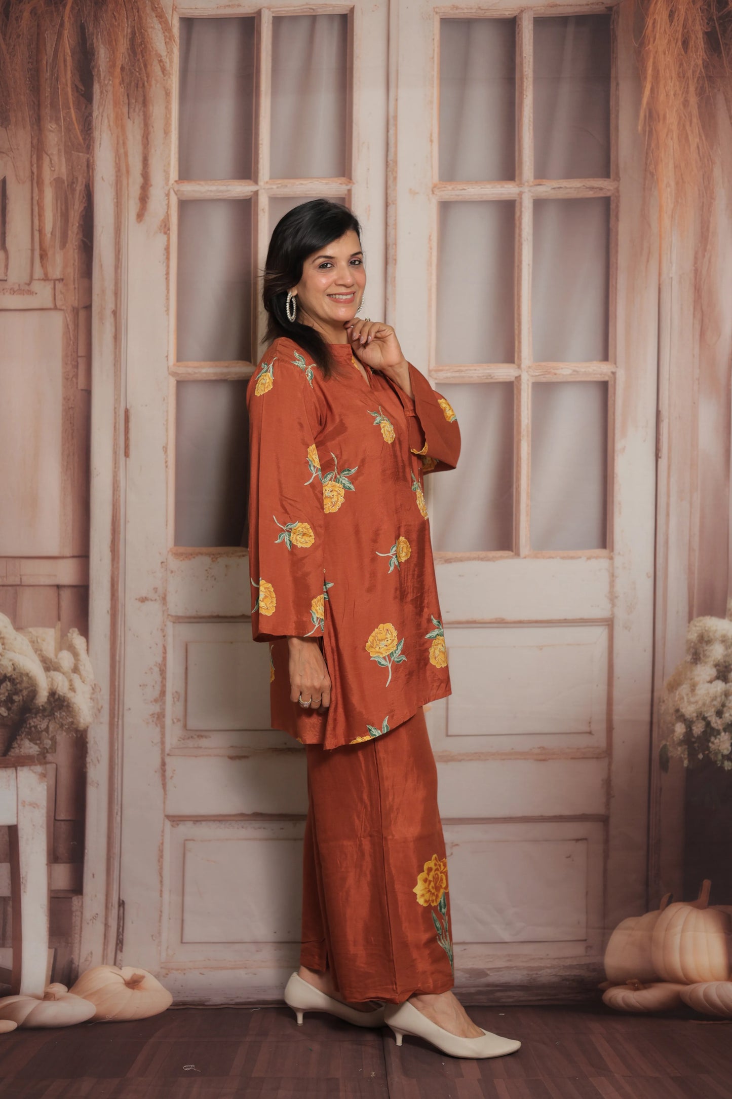 Dark Rust Printed Co'ord Set | Soft Silk | Pearl Work & Floral Print