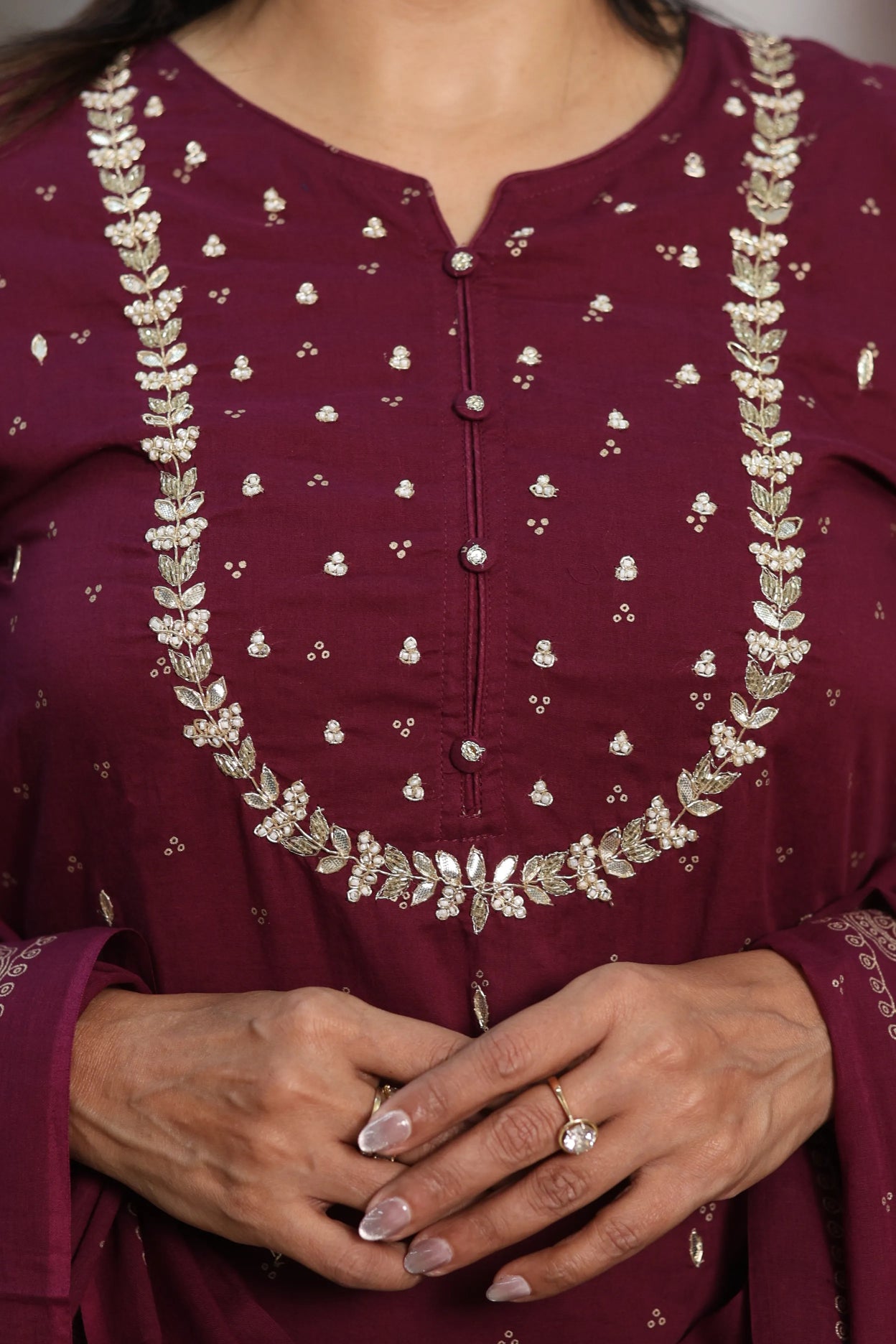 Dark Wine Mul Cotton Kurta Dupatta Set | Gota Patti & Pearl Work with Foil Print