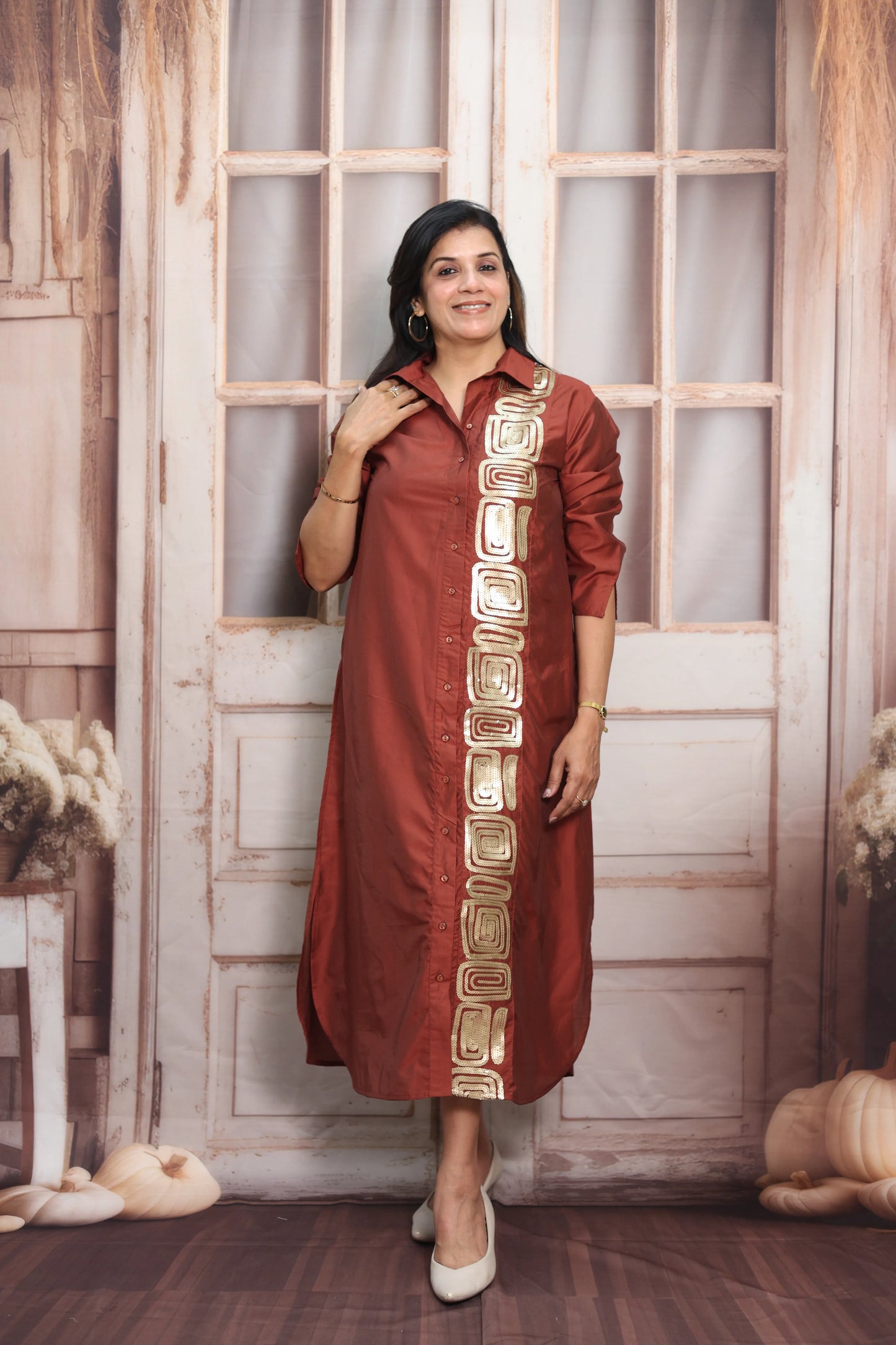 Chestnut Muslin Long Tunic Dress | Sequins Embroidery Work
