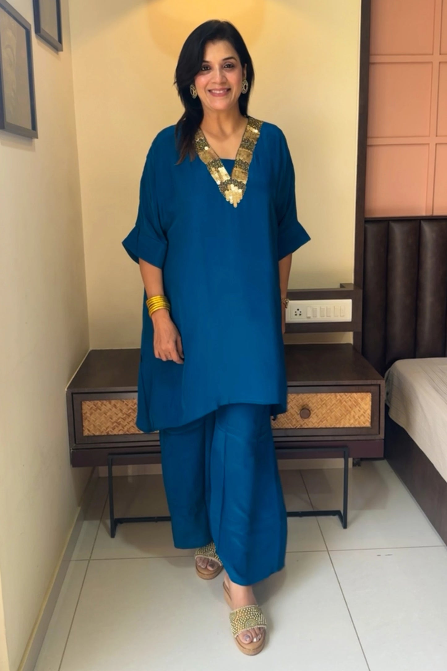 Teal Blue Tale Cut Co-ord Set | Premium Crepe | Sequins & Thread Embroidery