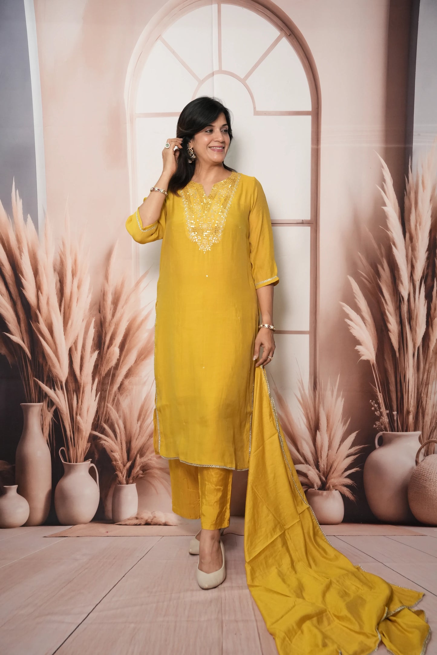Rape Yellow Mul Chanderi Kurta Dupatta Set with Sequin & Embroidery Work