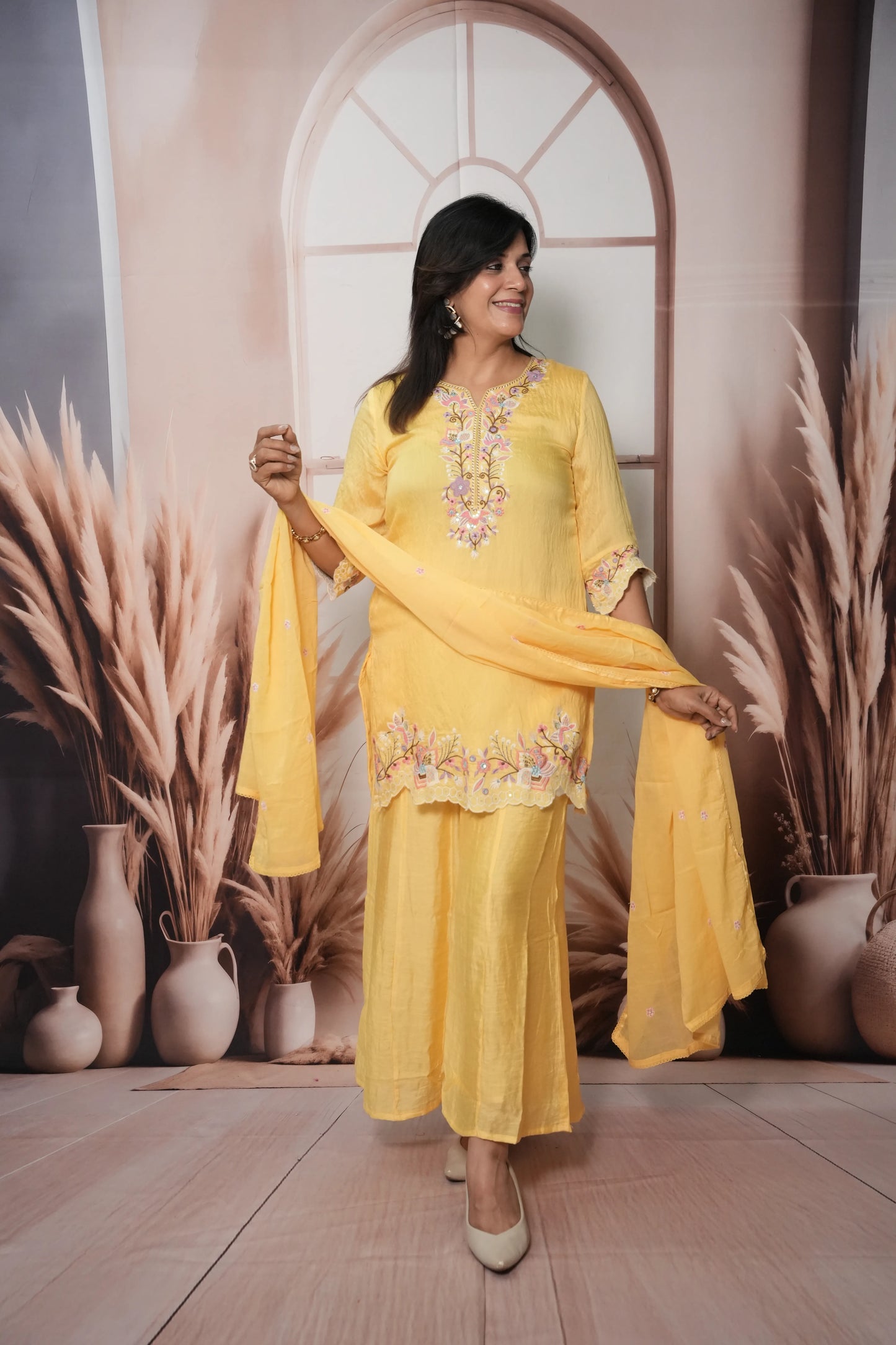 Butter Yellow Soft Silk Short Kurta Dupatta Plazo Set | Cut Work & Sequin Embroidery