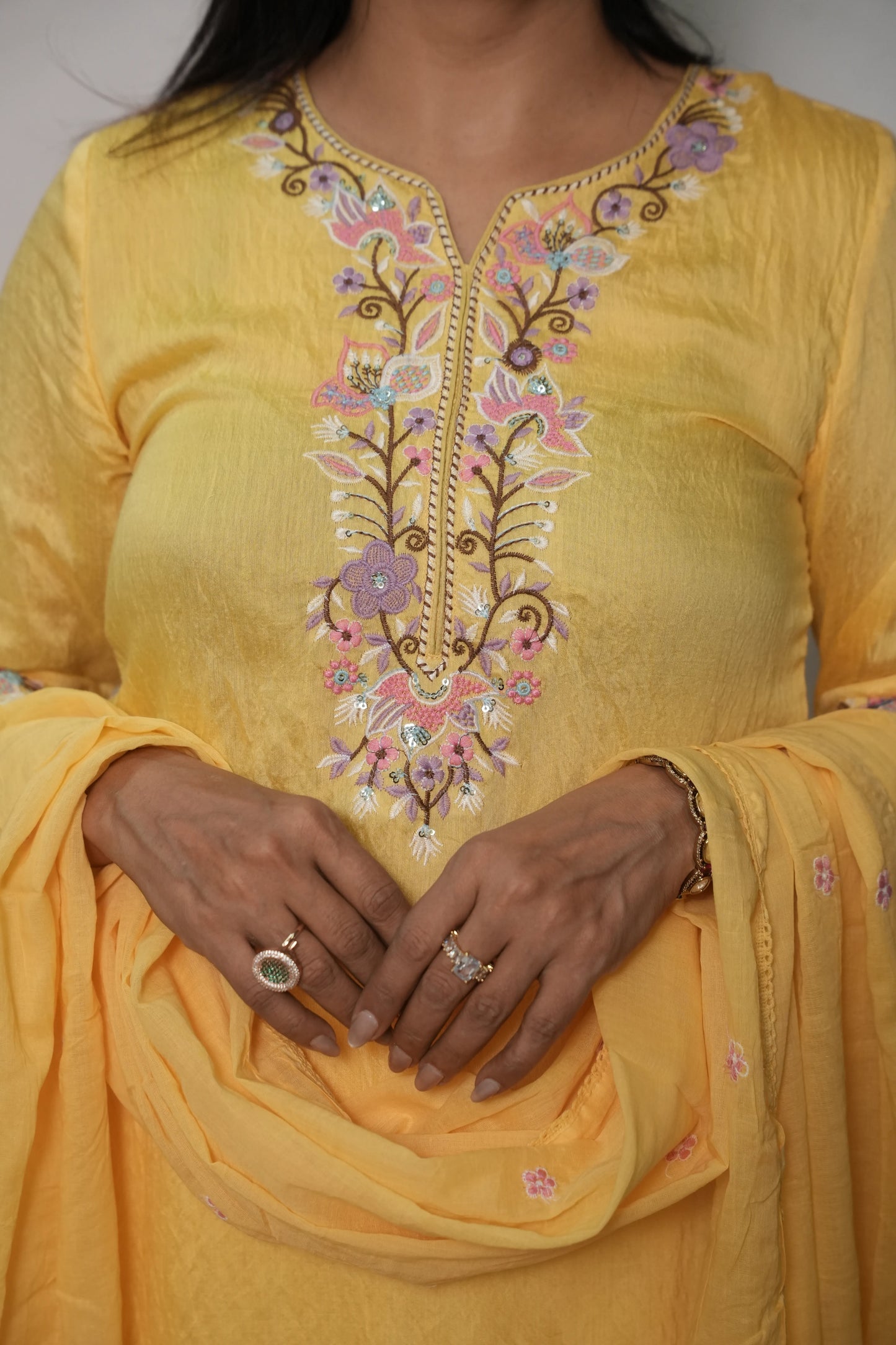 Butter Yellow Soft Silk Short Kurta Dupatta Plazo Set | Cut Work & Sequin Embroidery