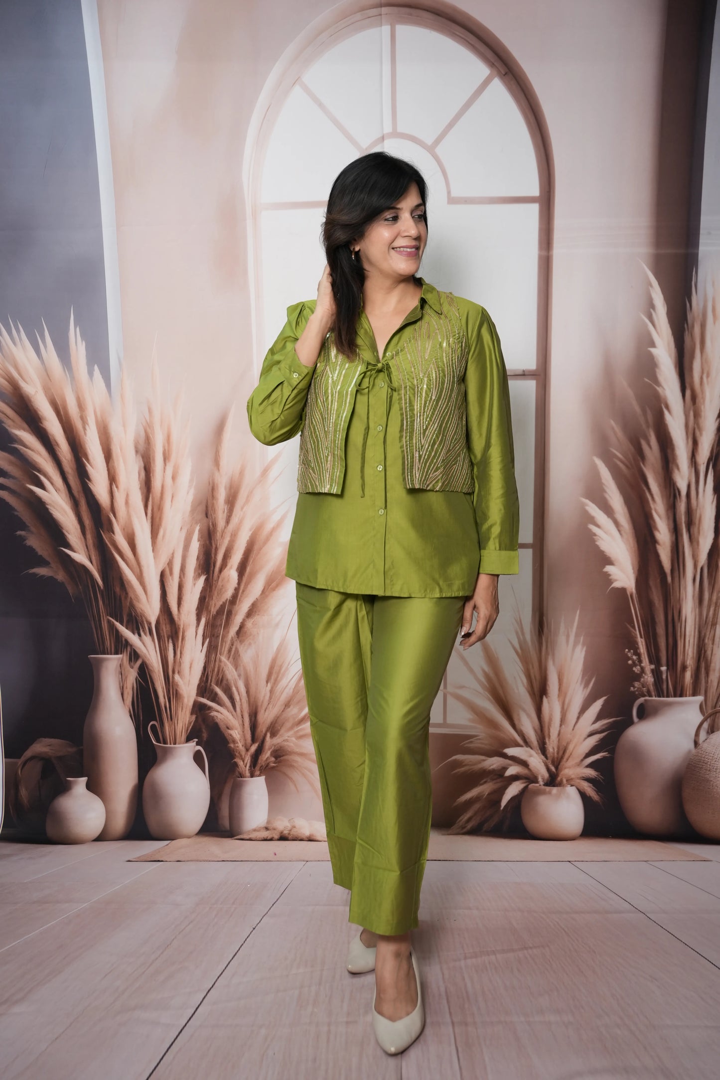 Olive Green Muslin Silk Shirt with Koti Co'ord Set | Sequin Embroidery Ethnic Wear