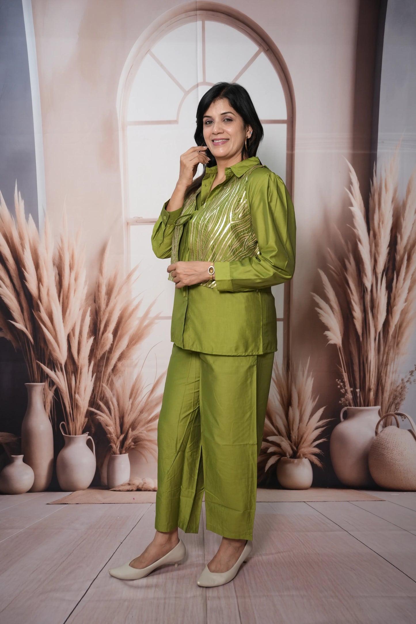 Olive Green Muslin Silk Shirt with Koti Co'ord Set | Sequin Embroidery Ethnic Wear