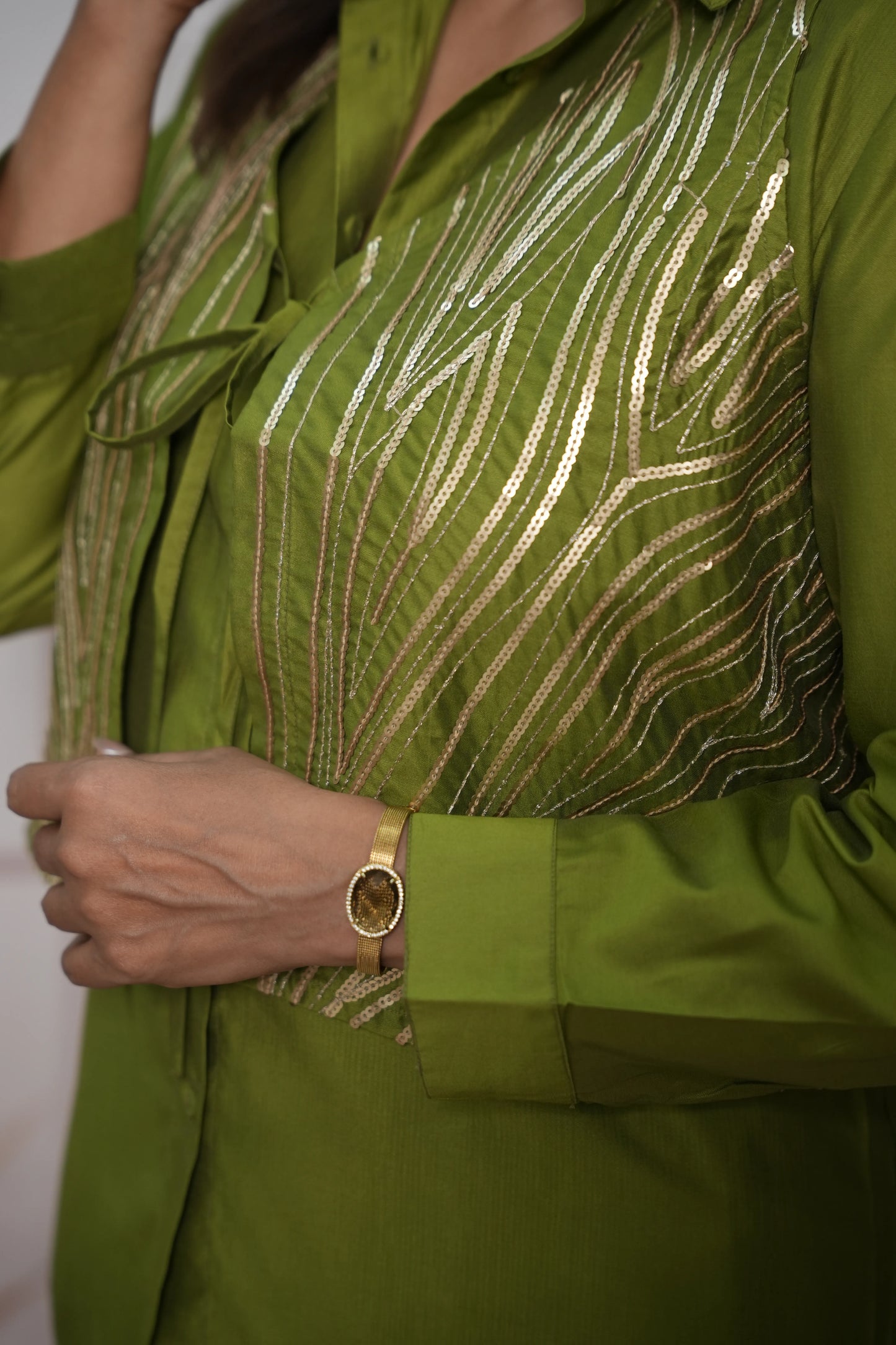 Olive Green Muslin Silk Shirt with Koti Co'ord Set | Sequin Embroidery Ethnic Wear