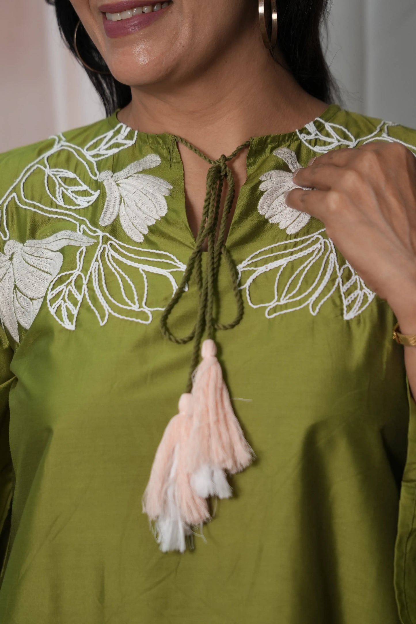Olive Green Muslin Silk Co'ord Set with Thread Embroidery | Elegant Festive Wear
