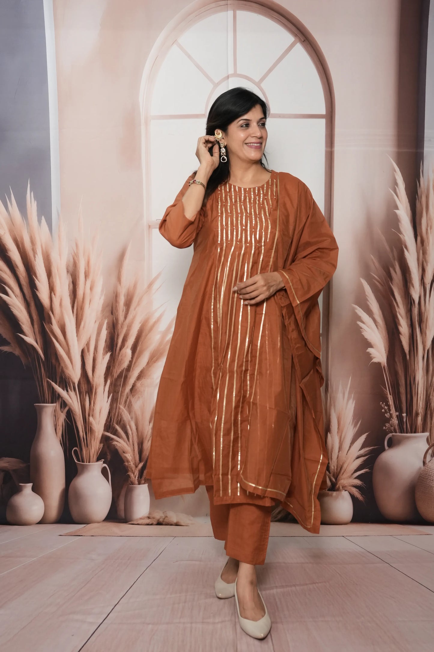 Dark Rust Mul Chanderi A-Line Kurta Dupatta Set | Gota & Sequin Work