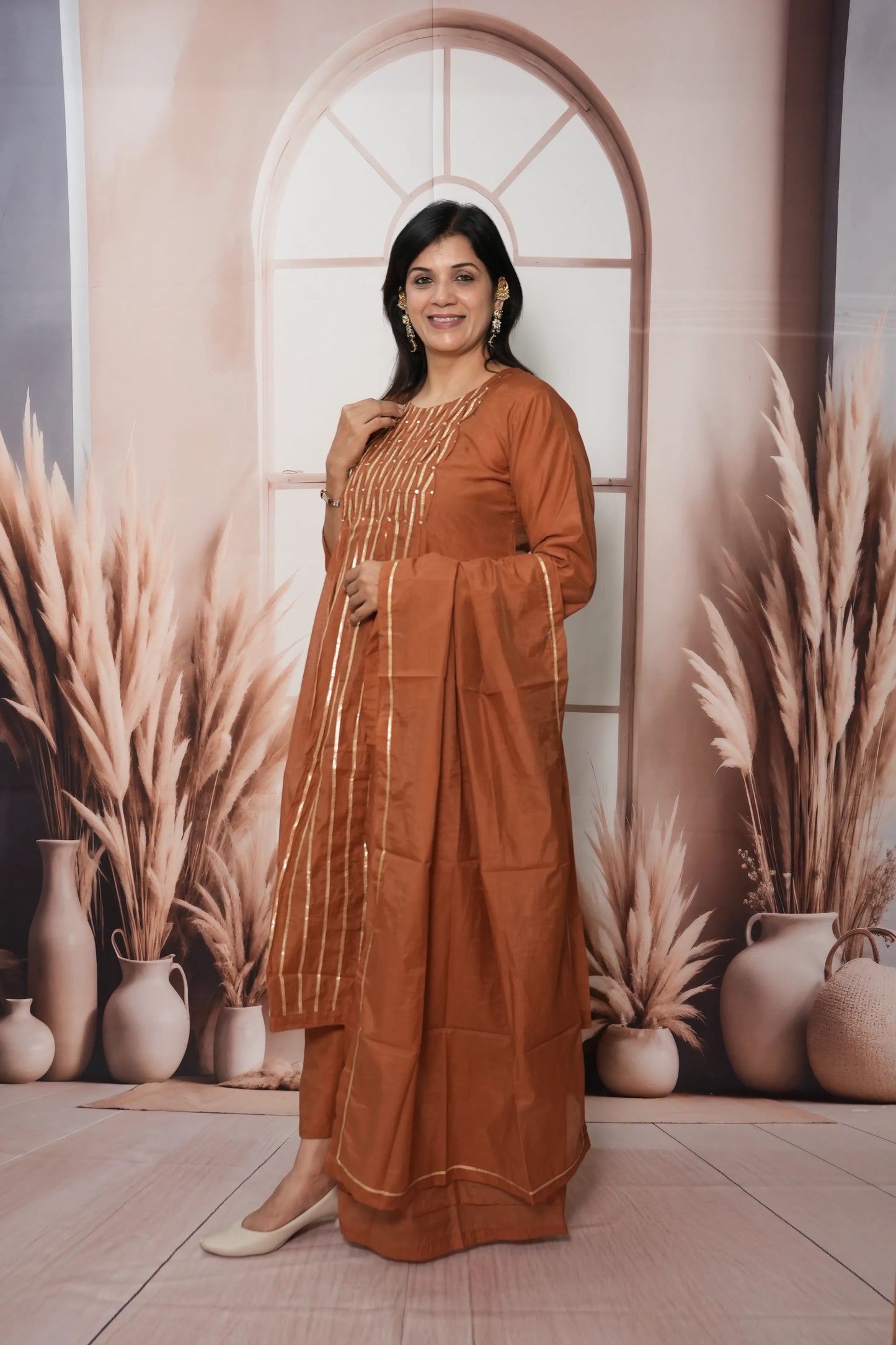 Dark Rust Mul Chanderi A-Line Kurta Dupatta Set | Gota & Sequin Work