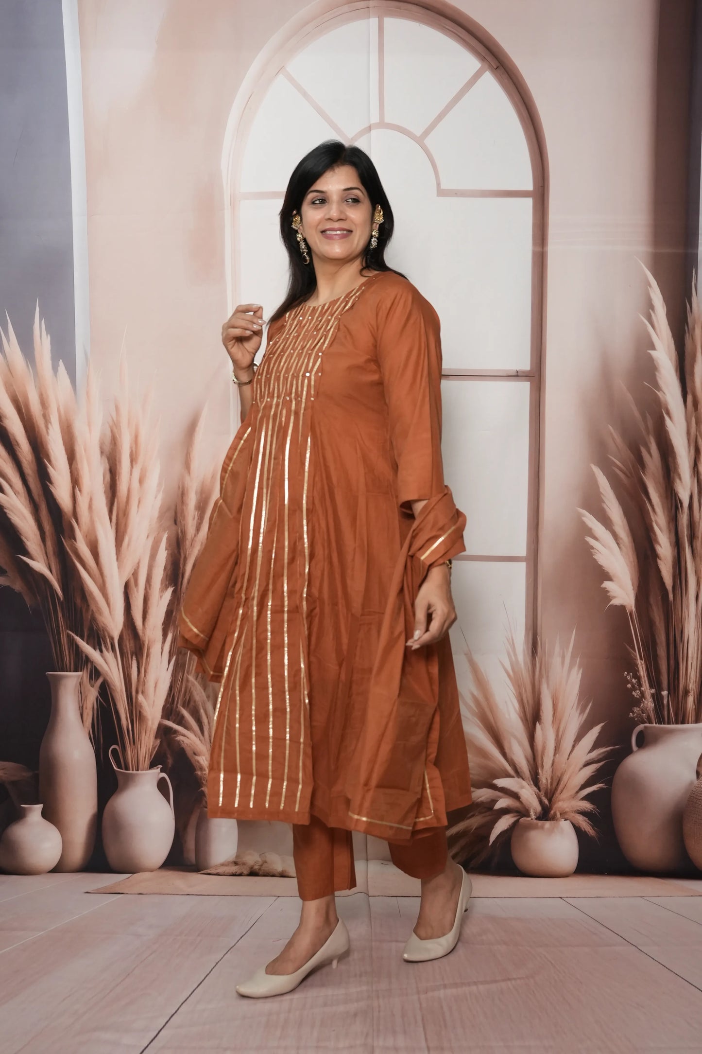 Dark Rust Mul Chanderi A-Line Kurta Dupatta Set | Gota & Sequin Work