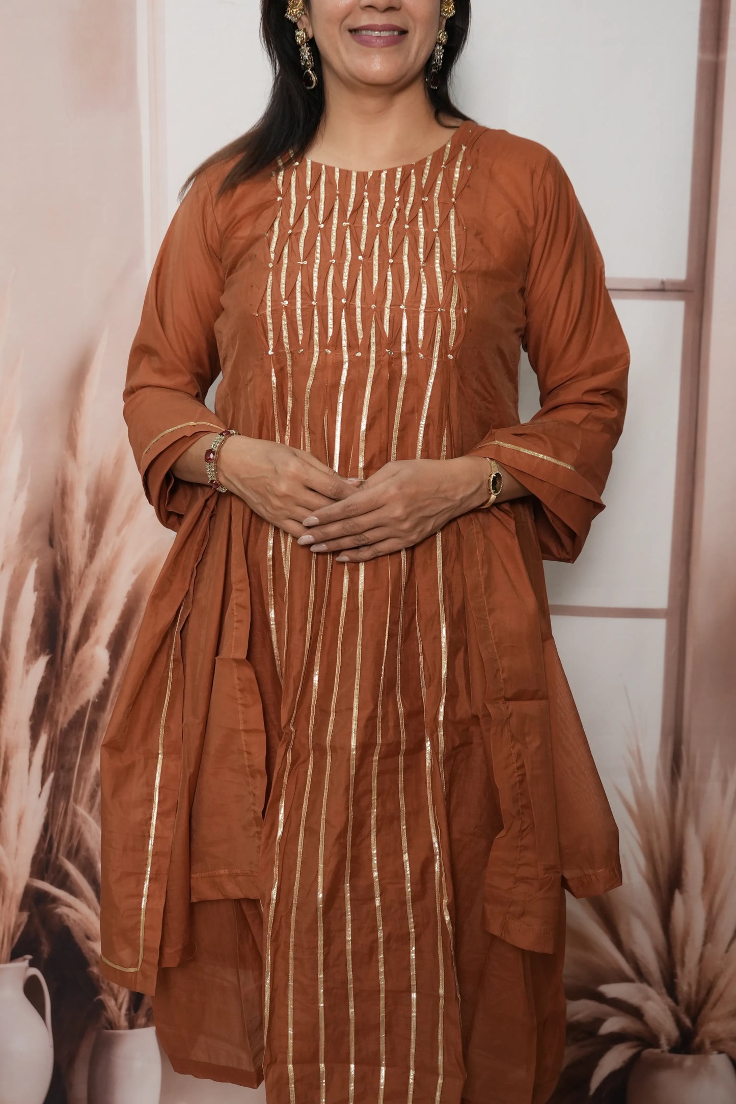 Dark Rust Mul Chanderi A-Line Kurta Dupatta Set | Gota & Sequin Work