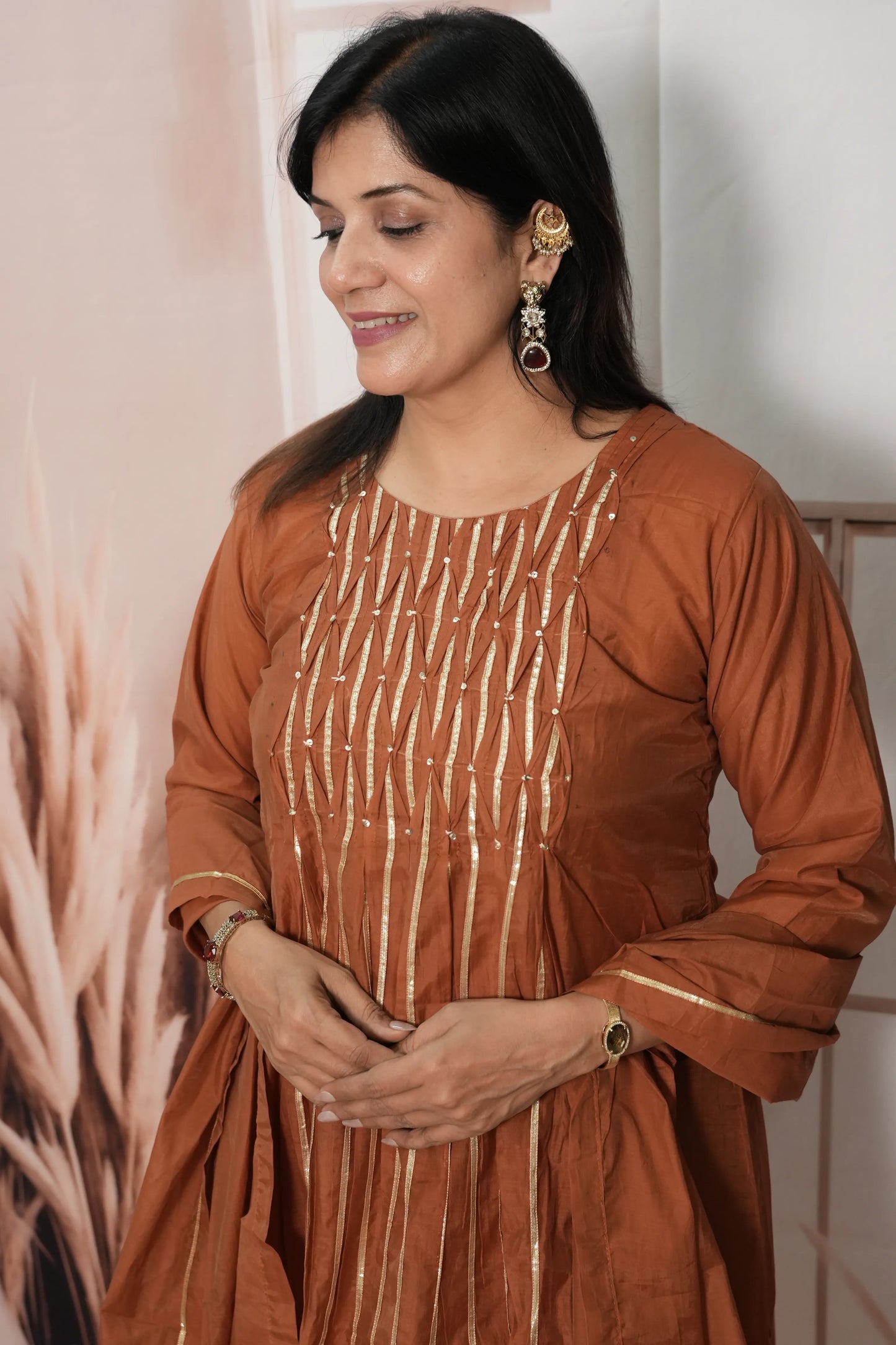 Dark Rust Mul Chanderi A-Line Kurta Dupatta Set | Gota & Sequin Work