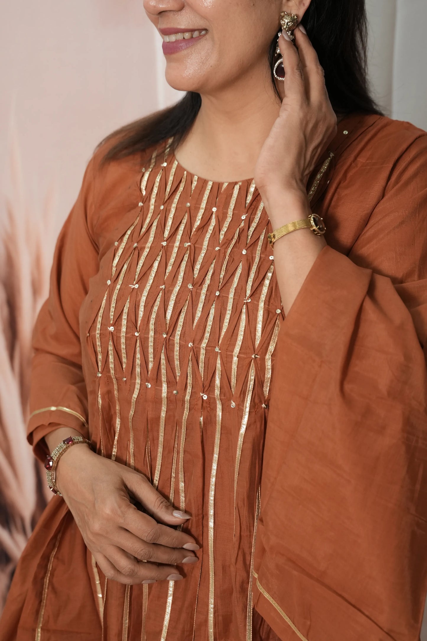 Dark Rust Mul Chanderi A-Line Kurta Dupatta Set | Gota & Sequin Work