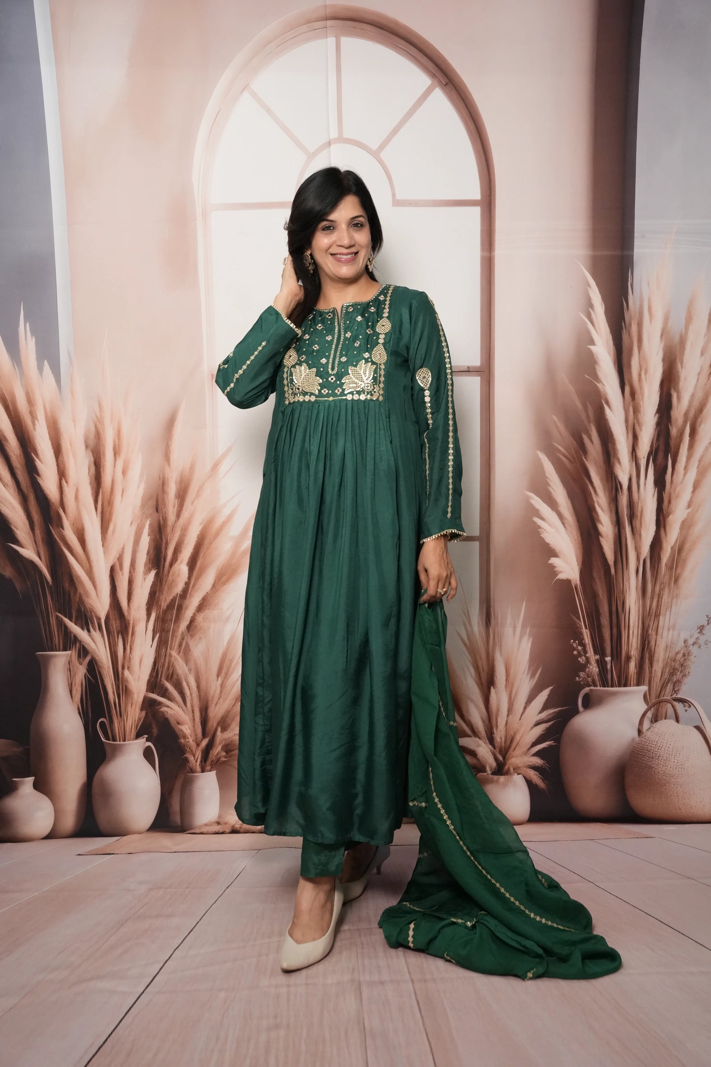Bottle Green Pure Silk A-Line Kurta Dupatta Set | Mirror & Sequin Embroidery Work