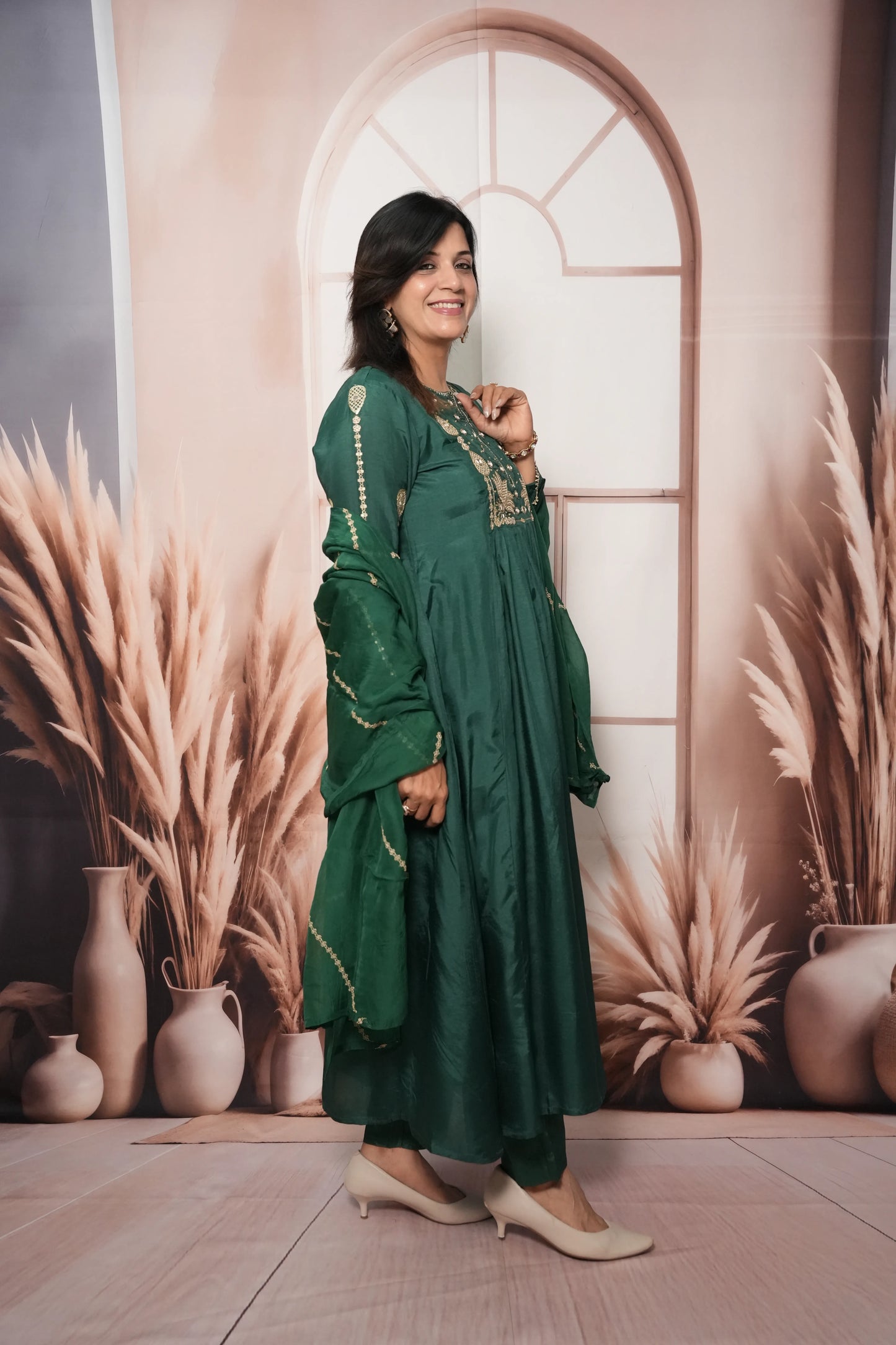 Bottle Green Pure Silk A-Line Kurta Dupatta Set | Mirror & Sequin Embroidery Work