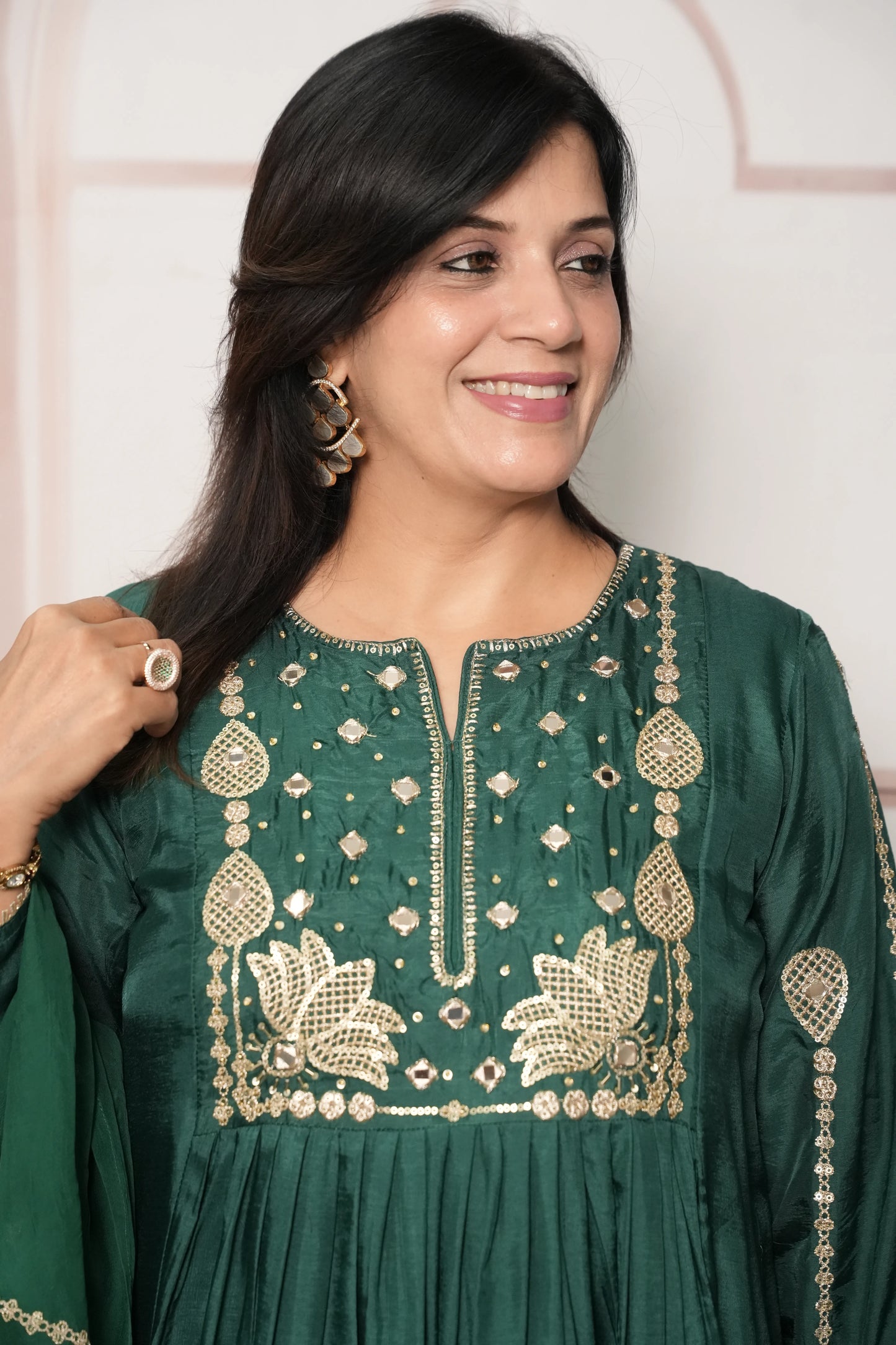 Bottle Green Pure Silk A-Line Kurta Dupatta Set | Mirror & Sequin Embroidery Work