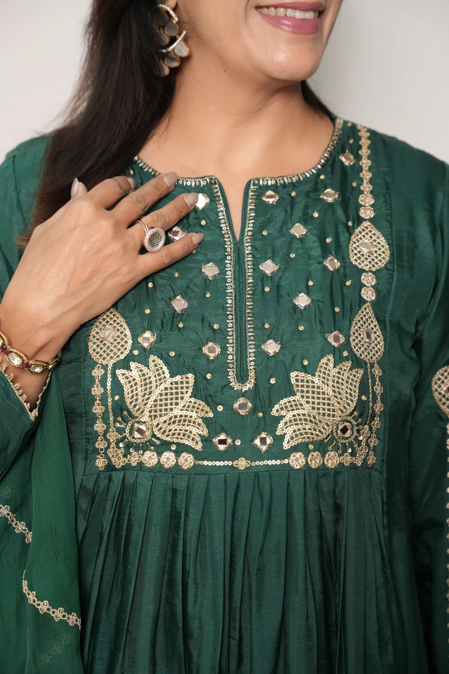 Bottle Green Pure Silk A-Line Kurta Dupatta Set | Mirror & Sequin Embroidery Work