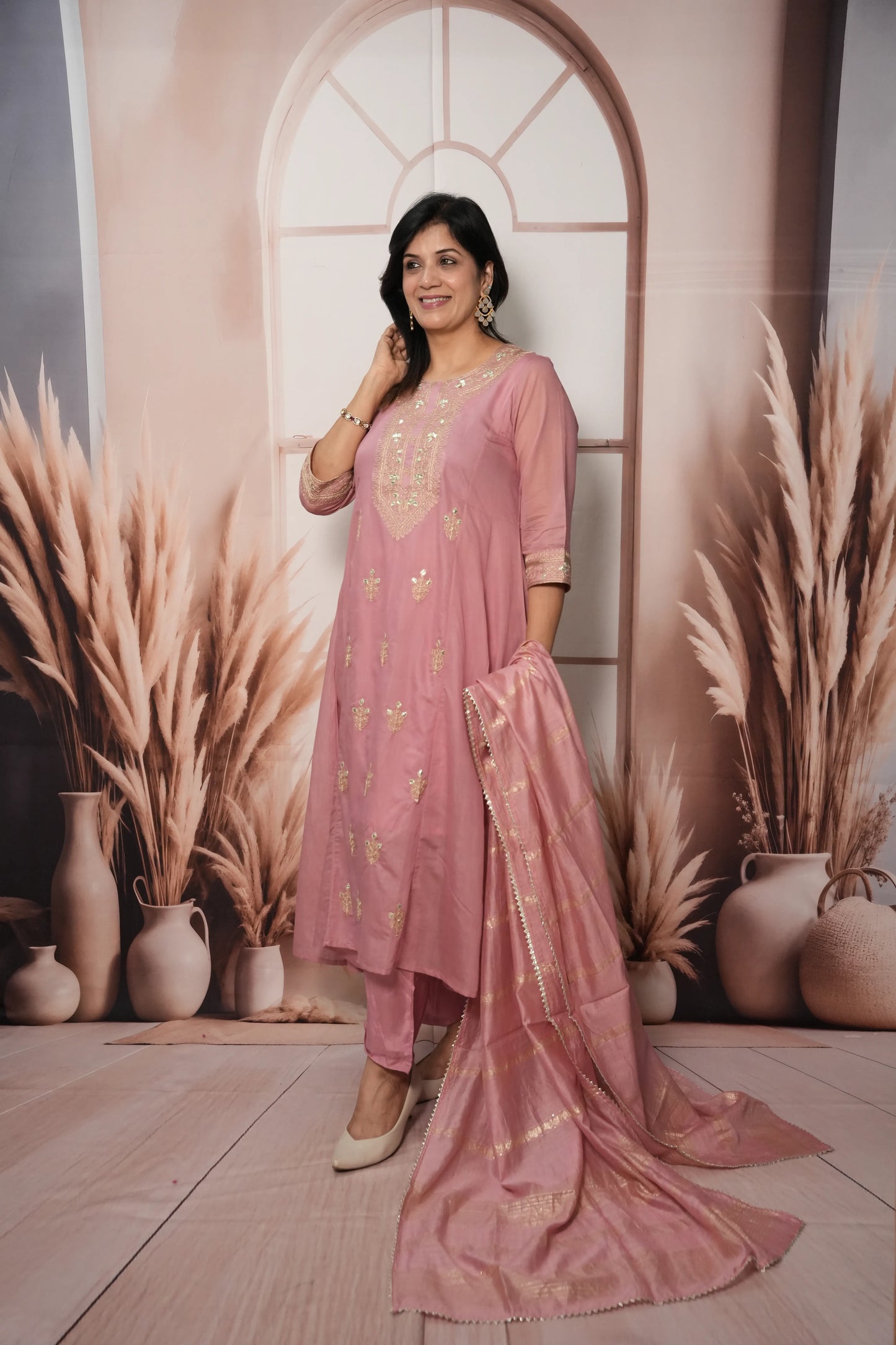 Charm Pink Mul Chanderi A-Line Kurta Dupatta Set