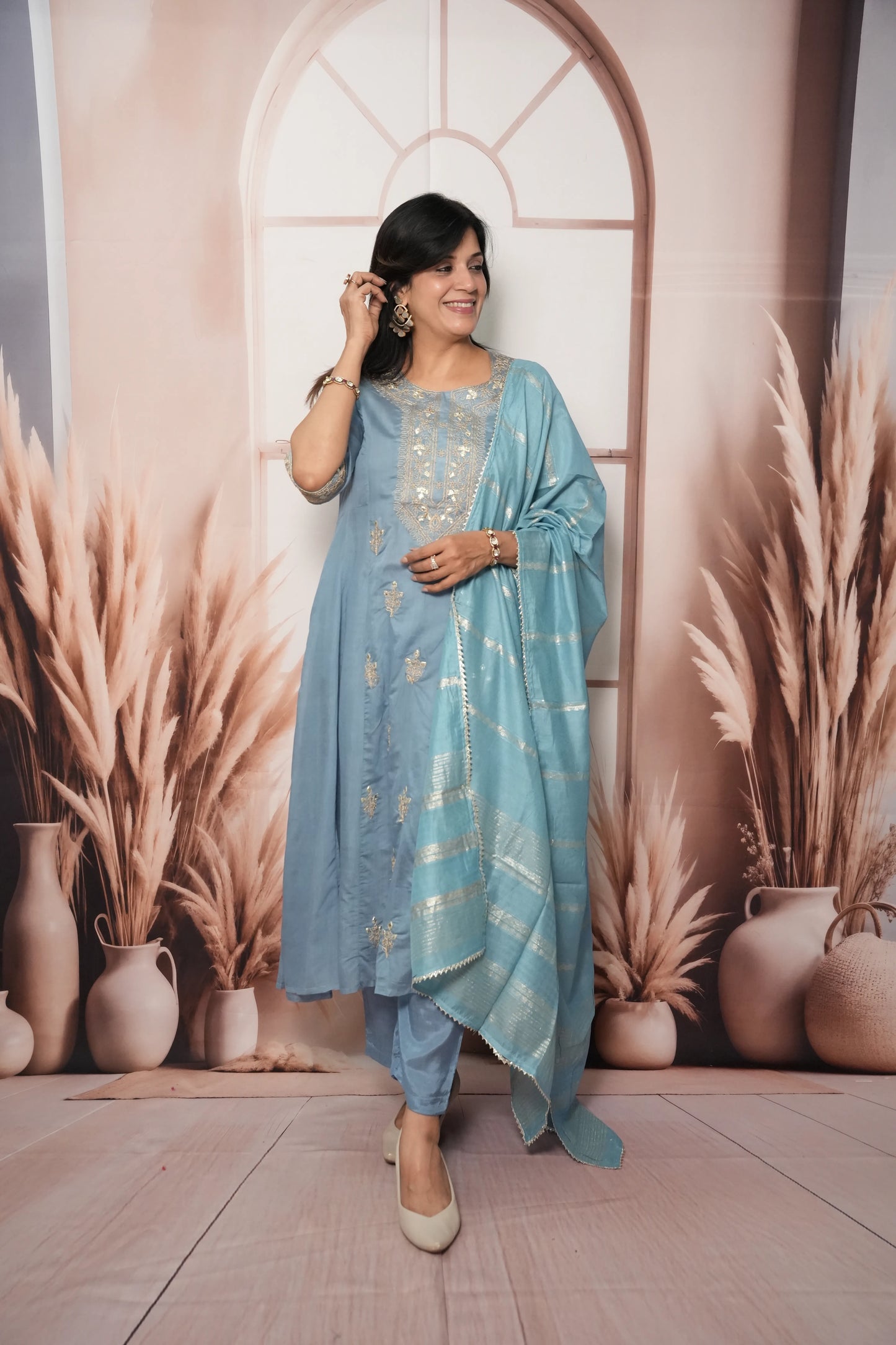 Sky Blue Mul Chanderi A-Line Kurta Dupatta Set