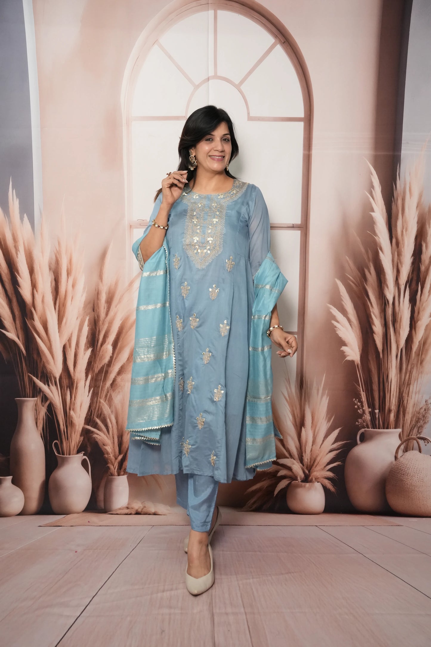 Sky Blue Mul Chanderi A-Line Kurta Dupatta Set