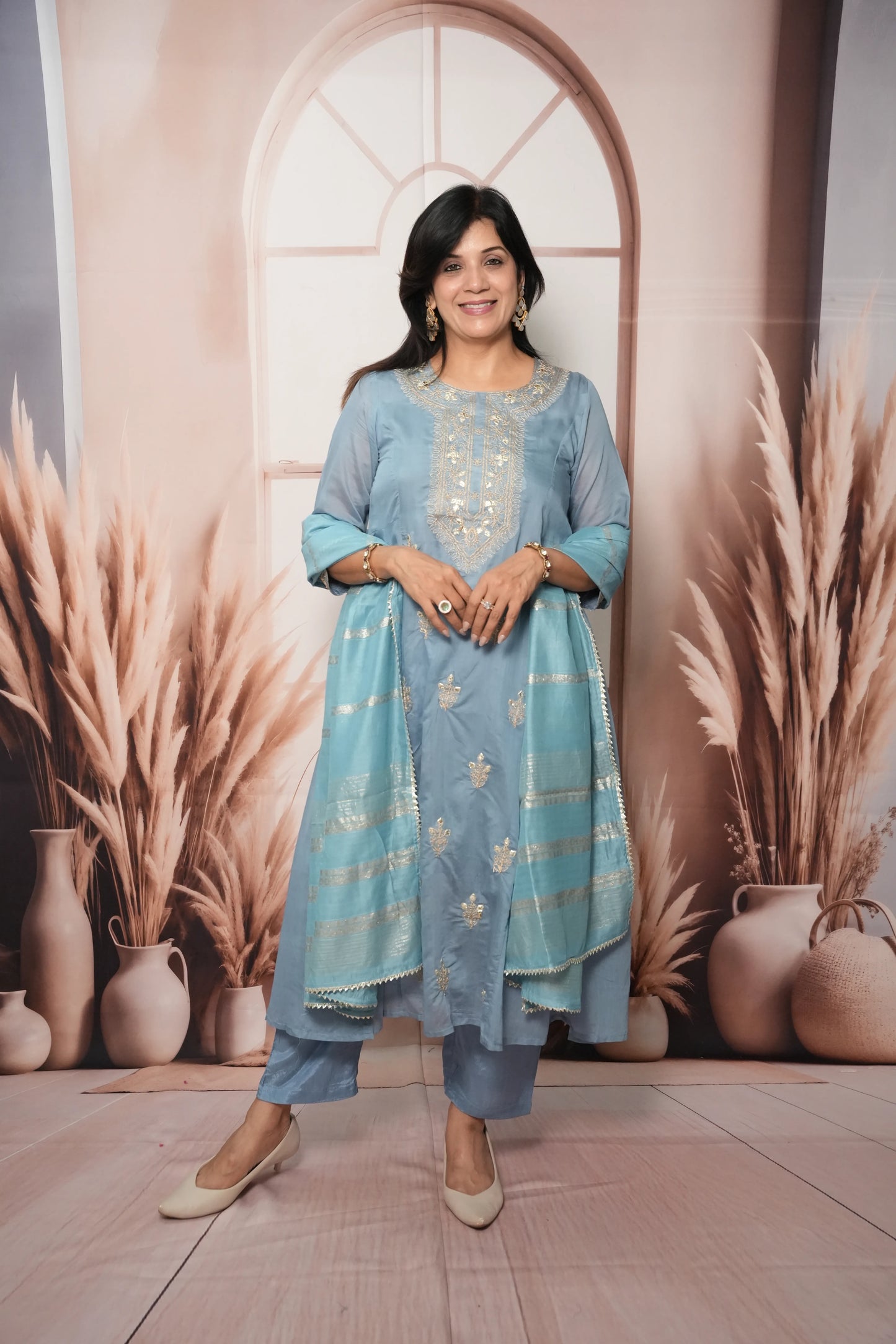 Sky Blue Mul Chanderi A-Line Kurta Dupatta Set