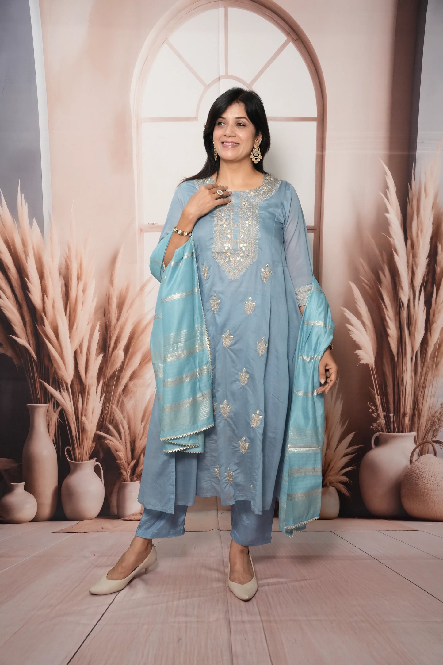 Sky Blue Mul Chanderi A-Line Kurta Dupatta Set
