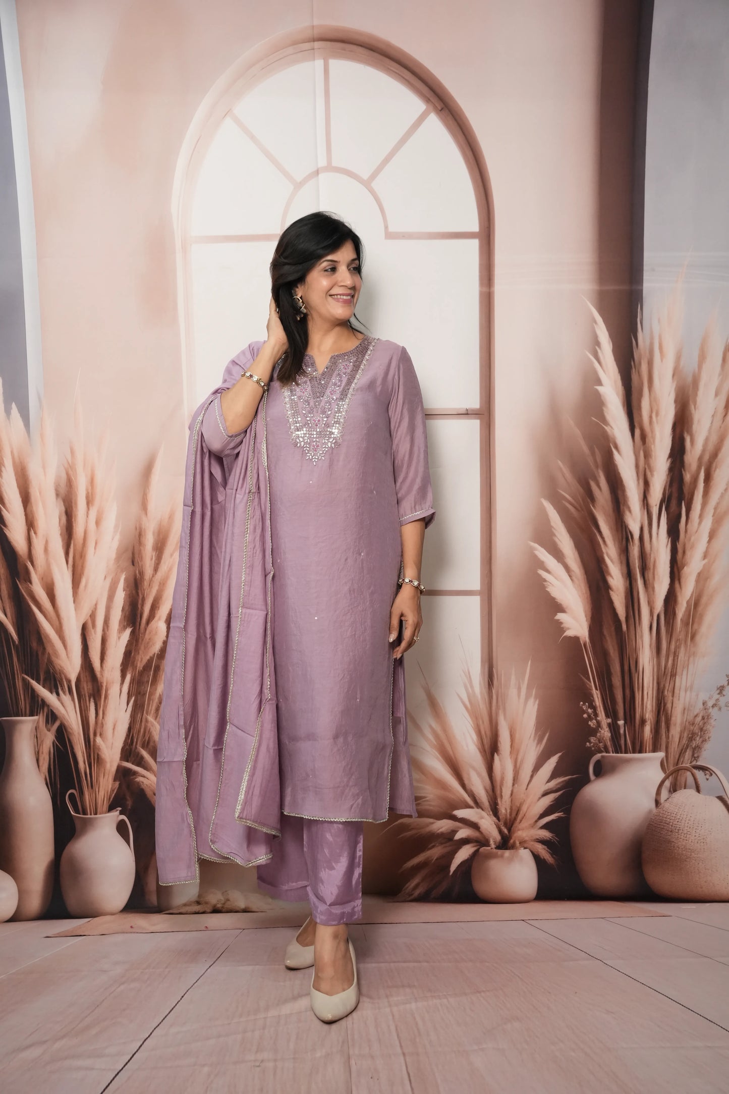 Wisteria Mul Chanderi Kurta Dupatta Set with Sequin & Embroidery Work