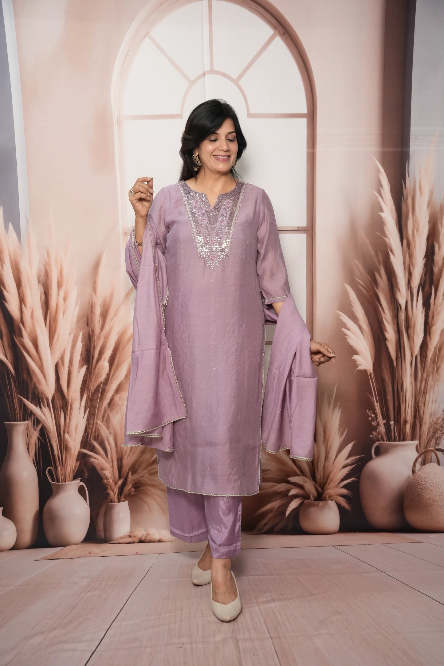Wisteria Mul Chanderi Kurta Dupatta Set with Sequin & Embroidery Work