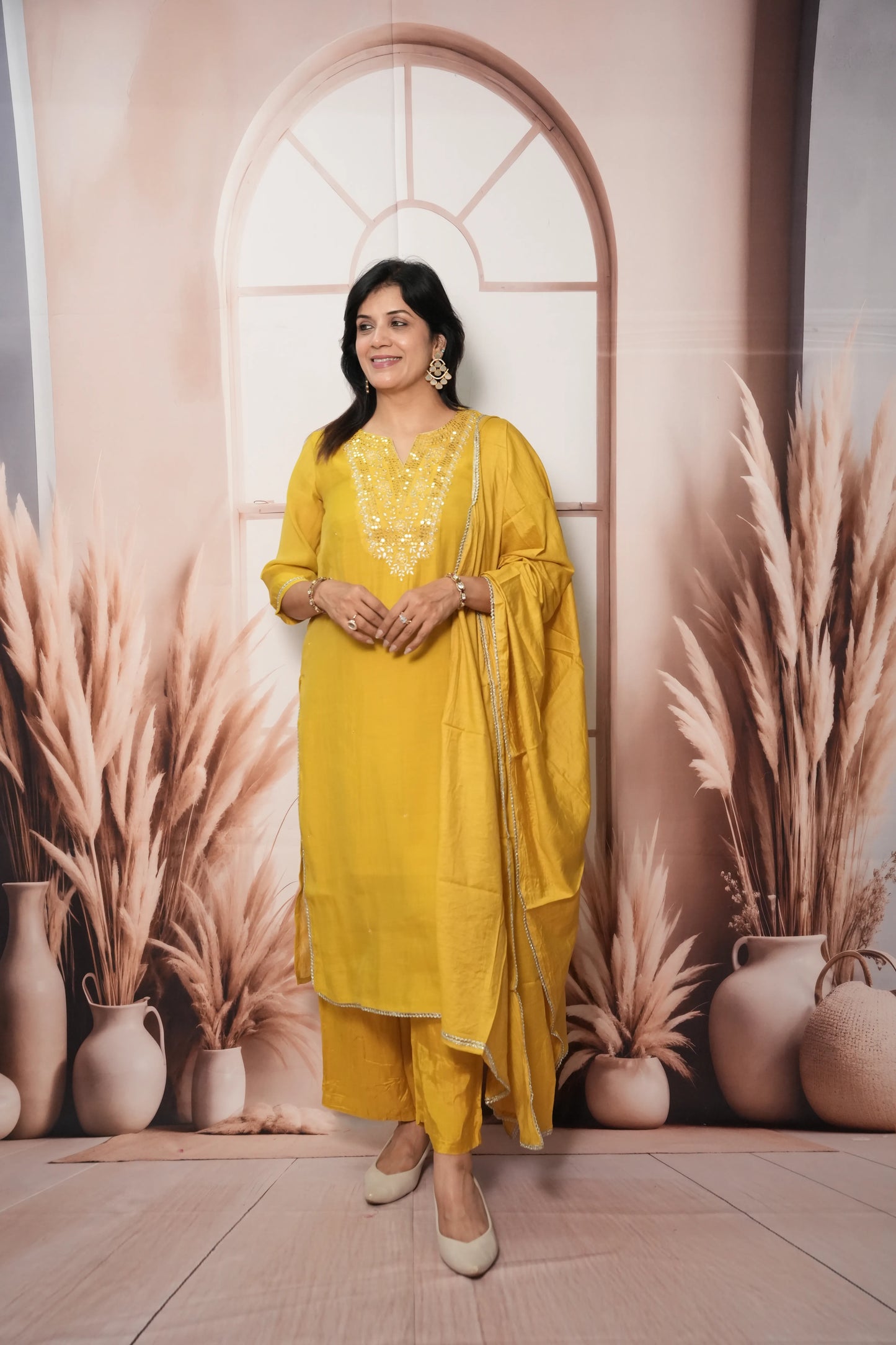 Rape Yellow Mul Chanderi Kurta Dupatta Set with Sequin & Embroidery Work