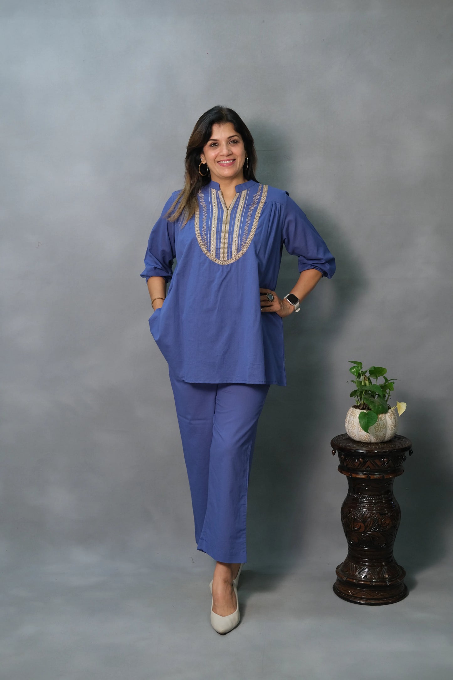 Royal Blue Co-ord Set with Lace Work | Mul Cotton