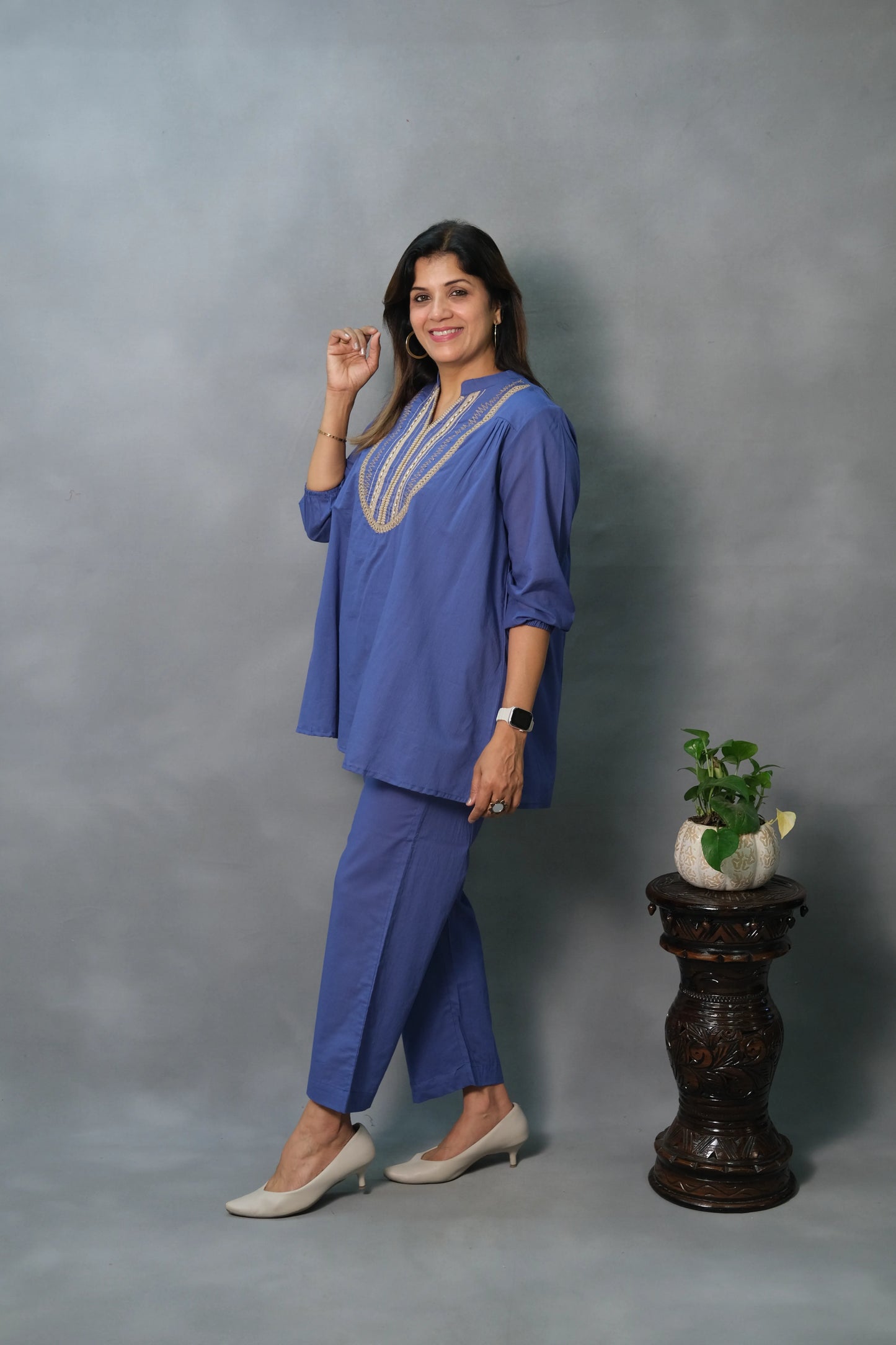 Royal Blue Co-ord Set with Lace Work | Mul Cotton