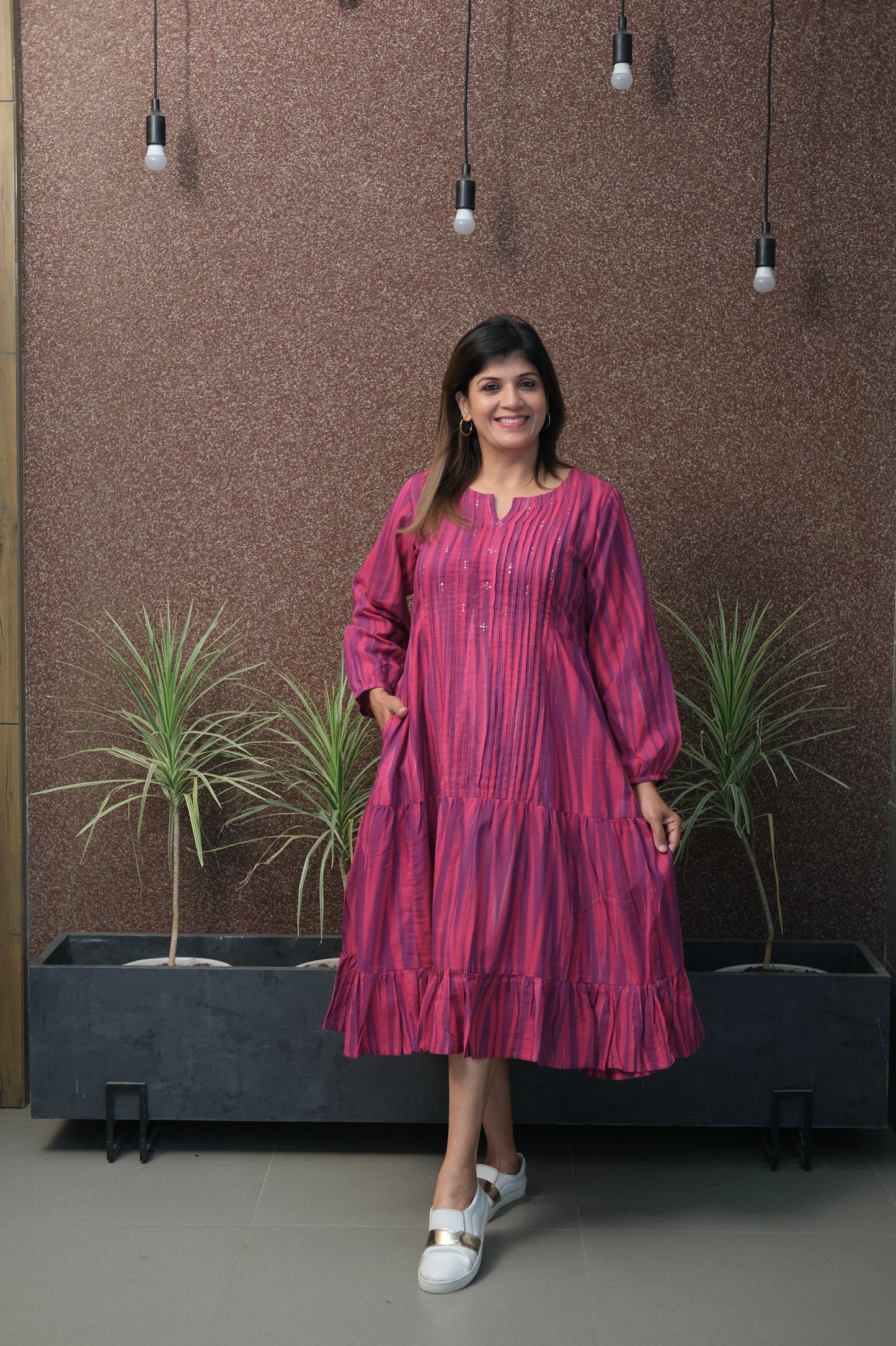 Magenta Sequin Work One Piece Dress | Pure Cotton