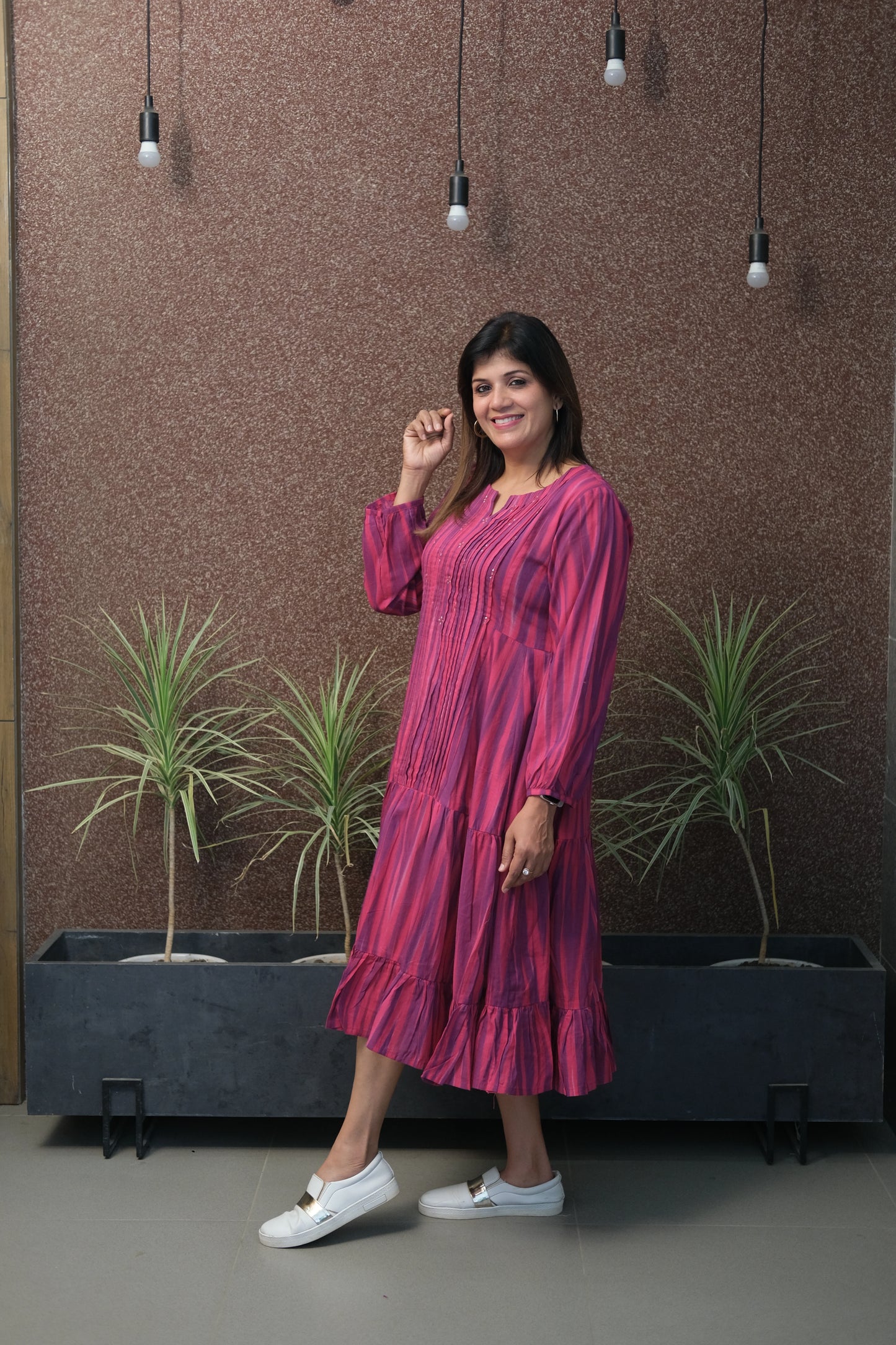 Magenta Sequin Work One Piece Dress | Pure Cotton