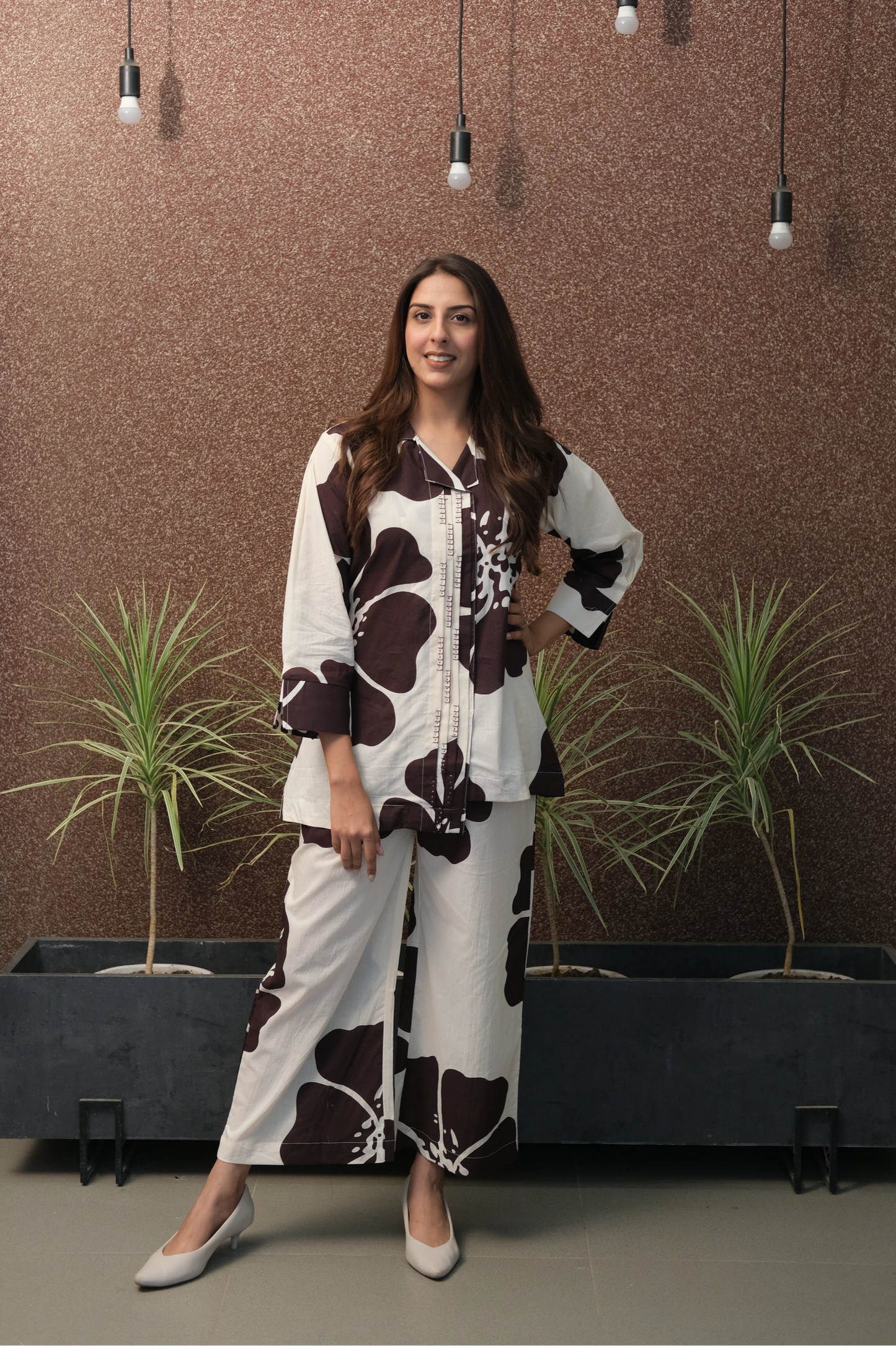 Brown Floral Printed Co-ord Set in Mul Cotton