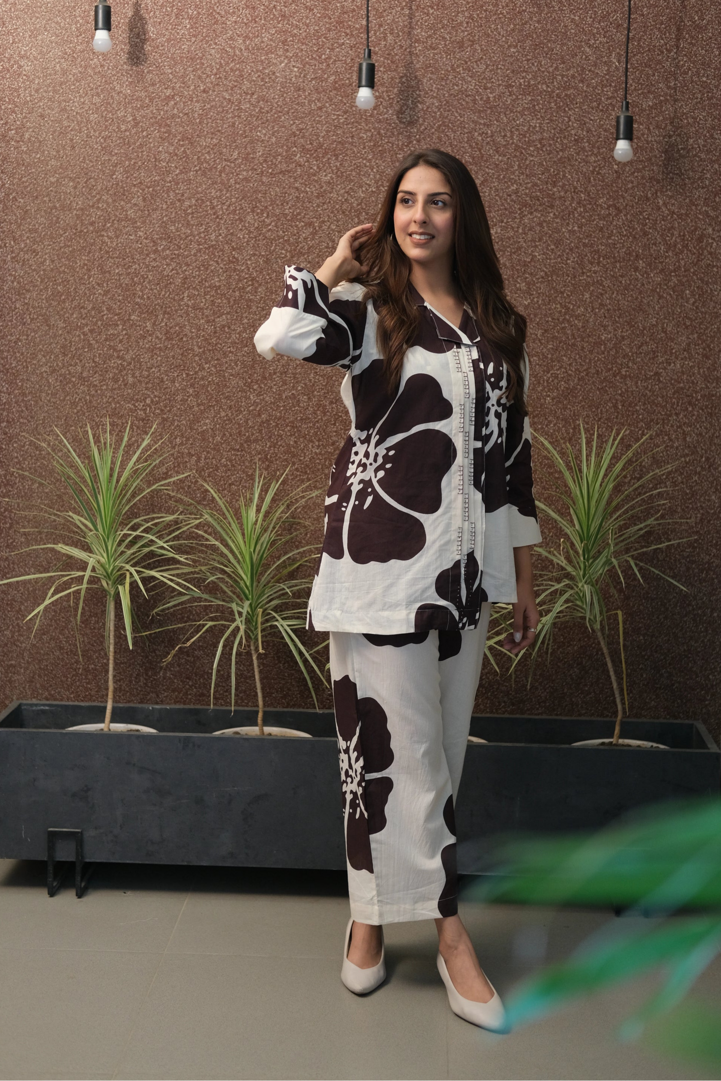 Brown Floral Printed Co-ord Set in Mul Cotton