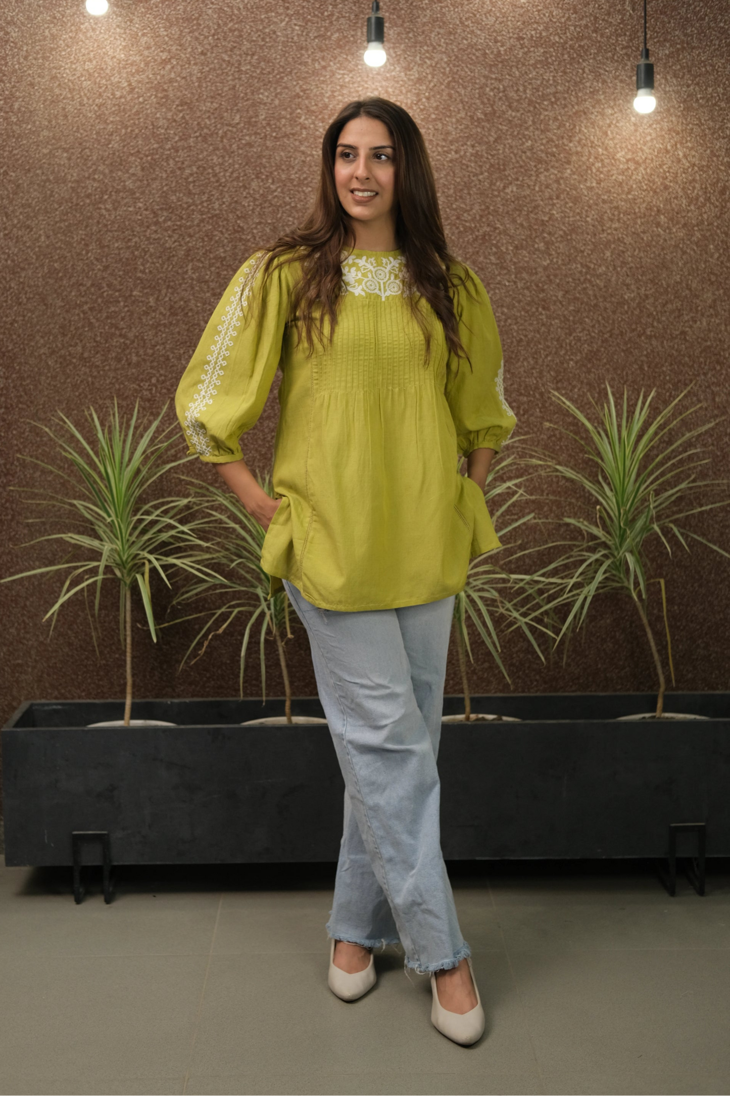 Lemon Green Embroidered Cotton Tunic | Elegant Daily Wear