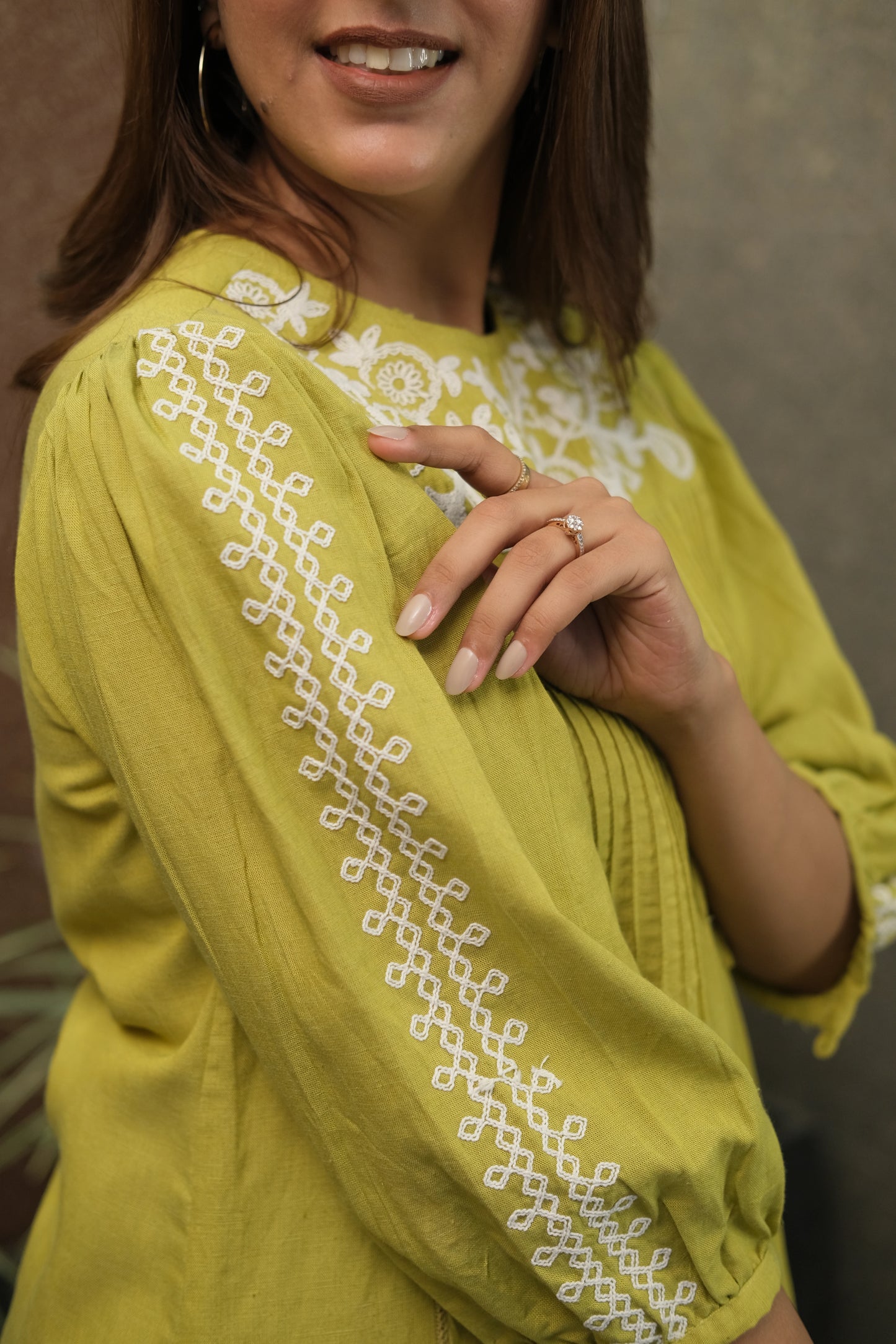 Lemon Green Embroidered Cotton Tunic | Elegant Daily Wear