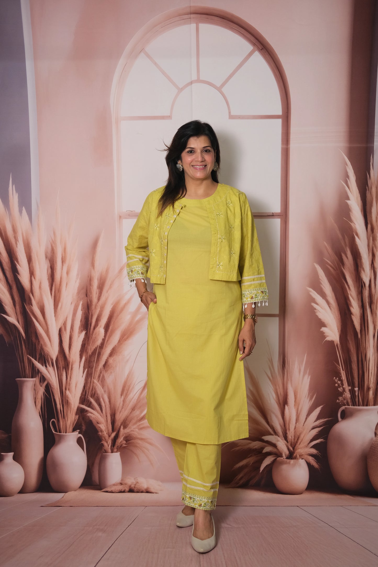 Lemon Yellow Kurta Pant Set with Embroidered Koti in Soft Cotton