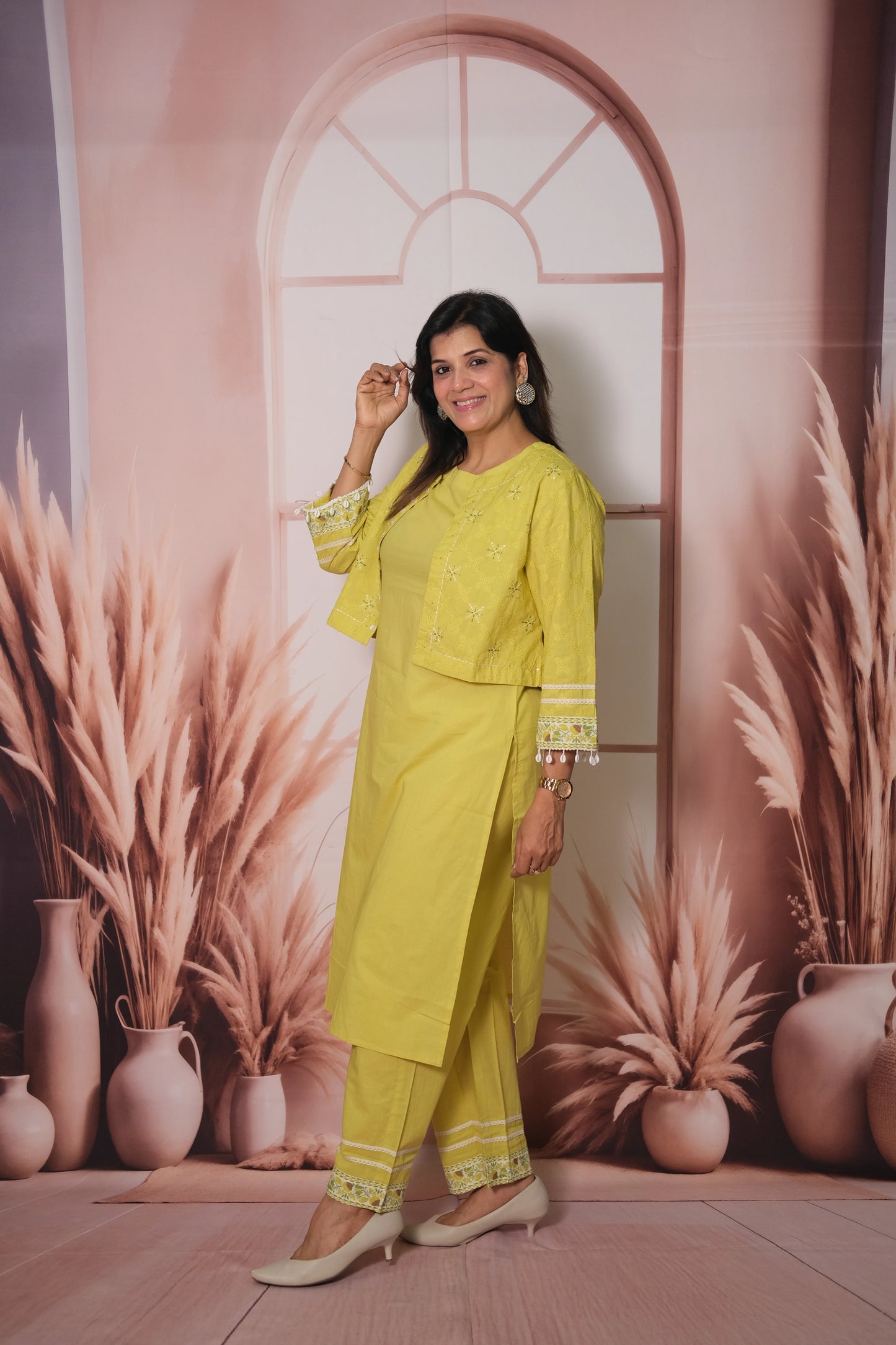 Lemon Yellow Kurta Pant Set with Embroidered Koti in Soft Cotton