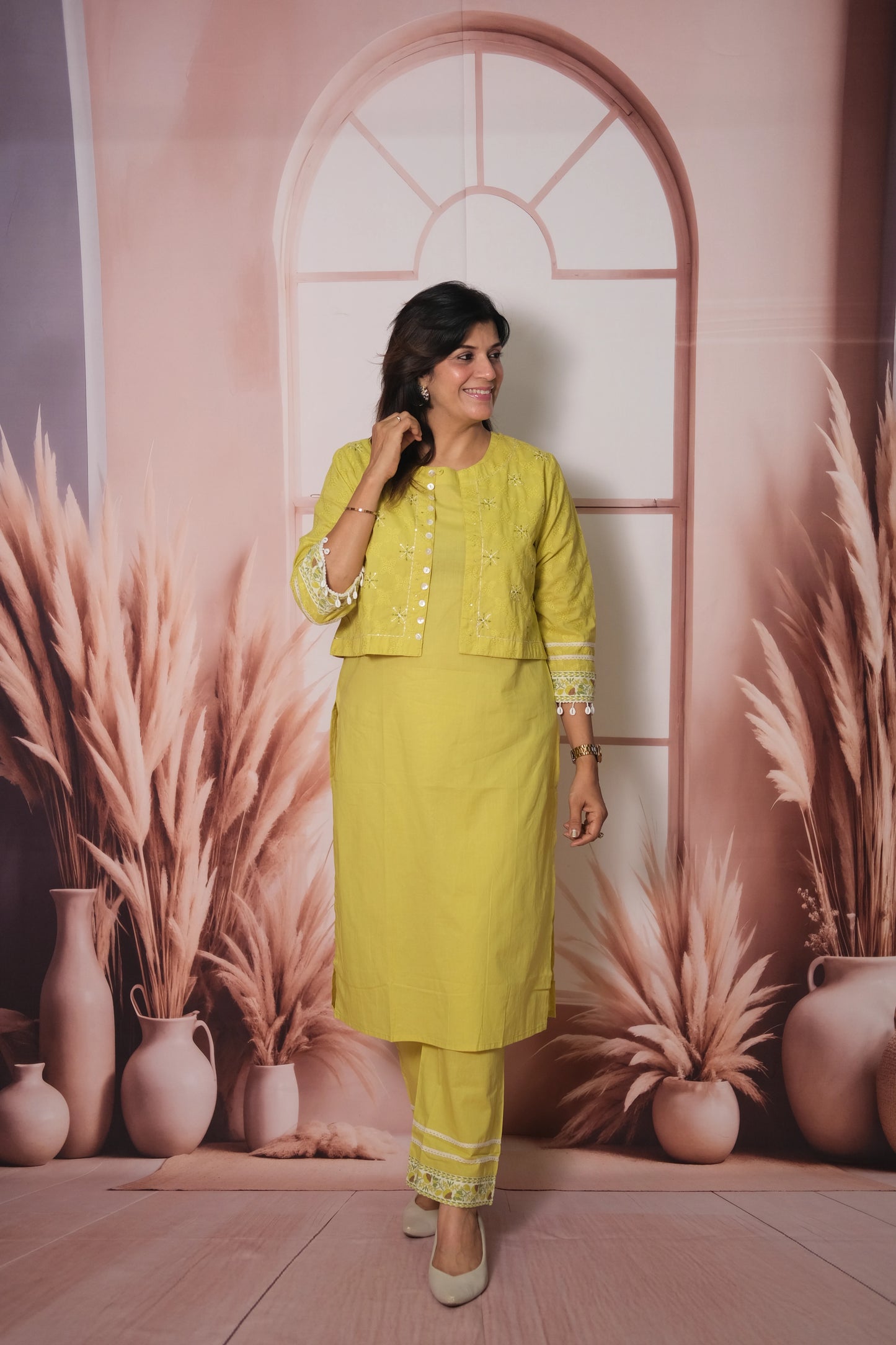 Lemon Yellow Kurta Pant Set with Embroidered Koti in Soft Cotton