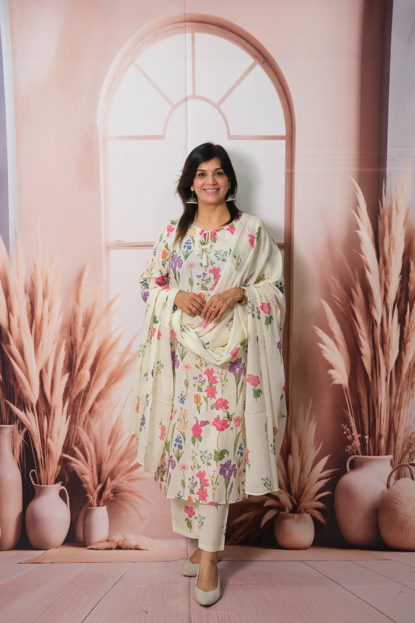 Floral Printed Dupatta Set in Soft Cotton with Pearl Work – Timeless Grace