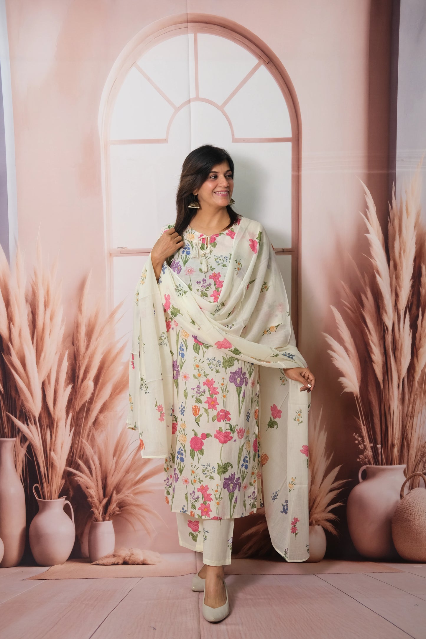 Floral Printed Dupatta Set in Soft Cotton with Pearl Work – Timeless Grace