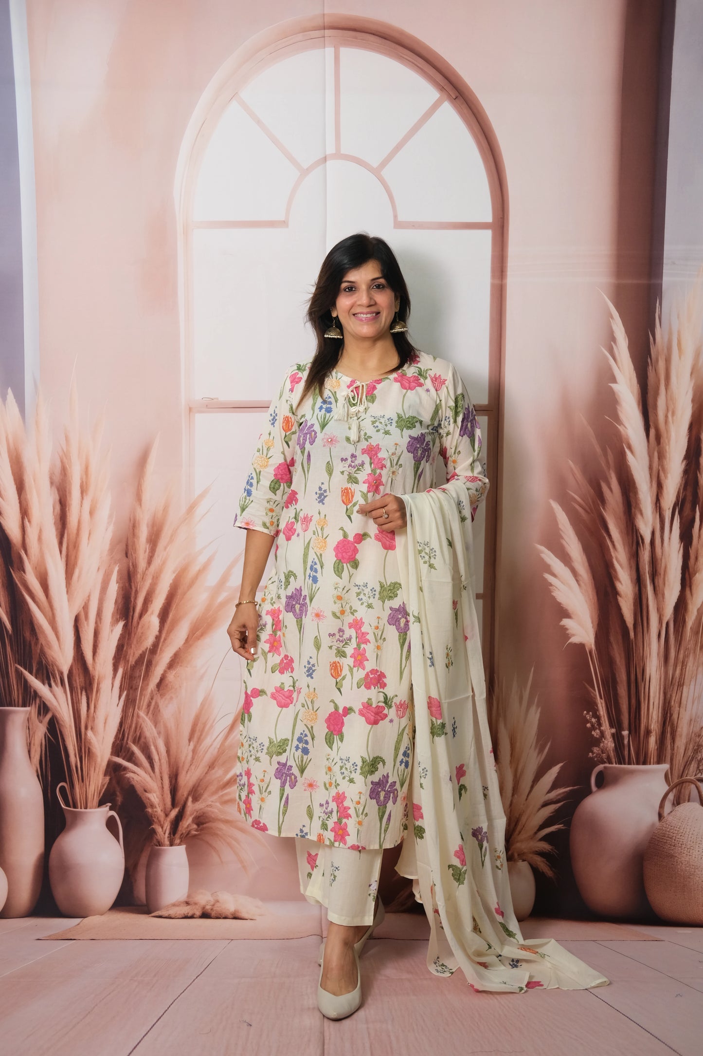 Floral Printed Dupatta Set in Soft Cotton with Pearl Work – Timeless Grace