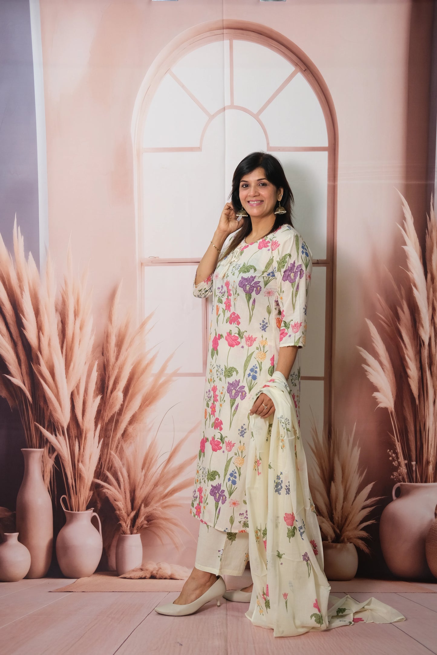 Floral Printed Dupatta Set in Soft Cotton with Pearl Work – Timeless Grace